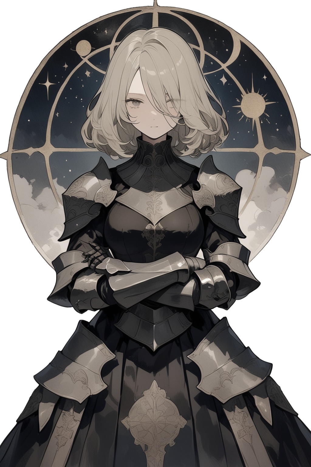 royal knight, 1girl, gauntlets, looking at viewer, dress, grey hair, shoulder armor, short hair, black dress, grey eyes, holding, standing, closed mouth, pauldrons, breastplate, knight, feet out of frame, medium hair, extraterrestrial, astral, geocentric, celestial sphere, dressing room,(Standing with arms crossed over chest:1.2), masterpiece, best quality, aesthetic,