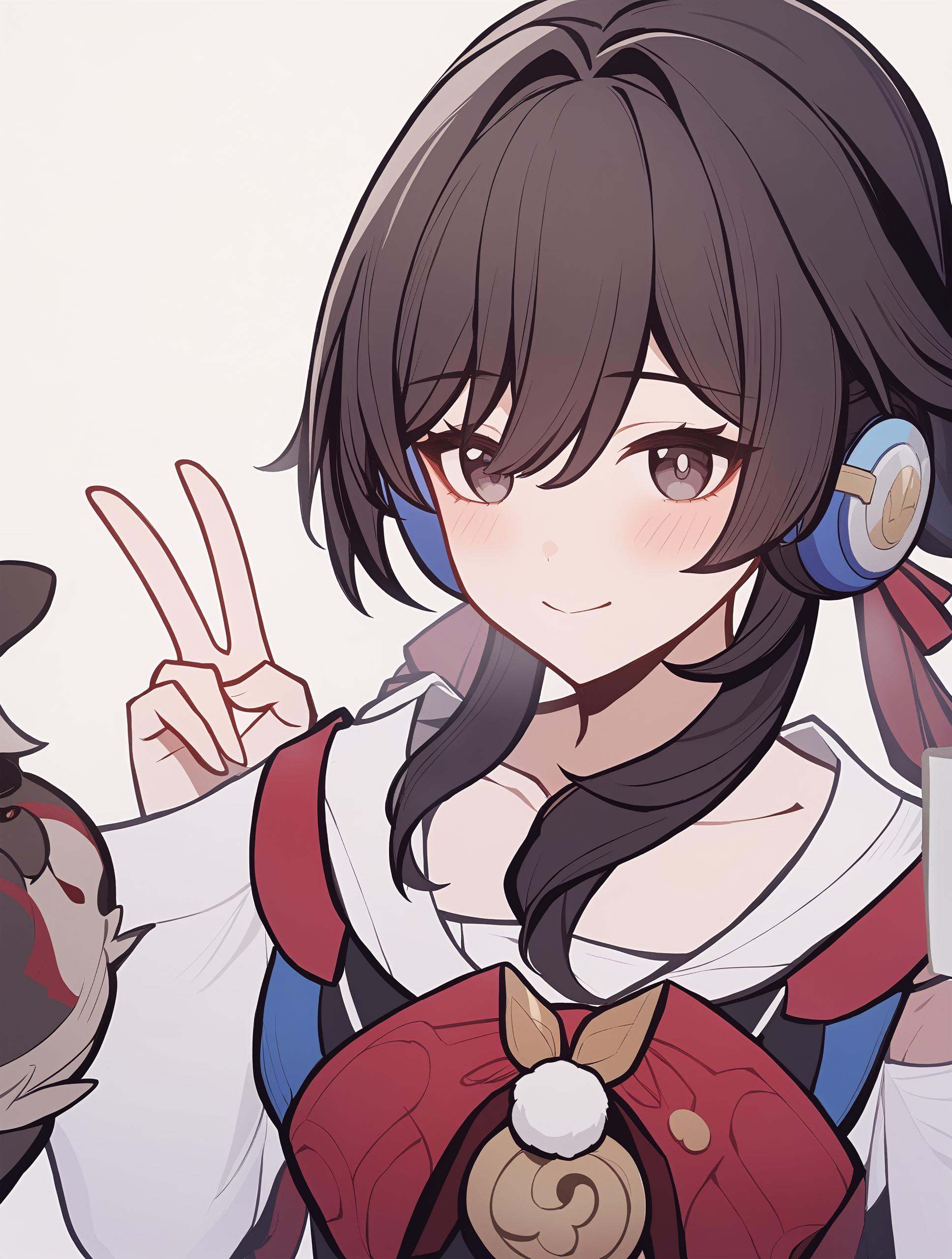 1girl,    solo, 1other, pom-pom \(honkai: star rail\), honkai: star rail, headphones, long sleeves, closed mouth, upper body, long hair, v, blush, black hair, twintails, collarbone, low twintails, white background, simple background, double v, looking at viewer, smile, black eyes, masterpiece, best quality,  safe <lora:mki-genshinpv-xl-v1-000012:1>