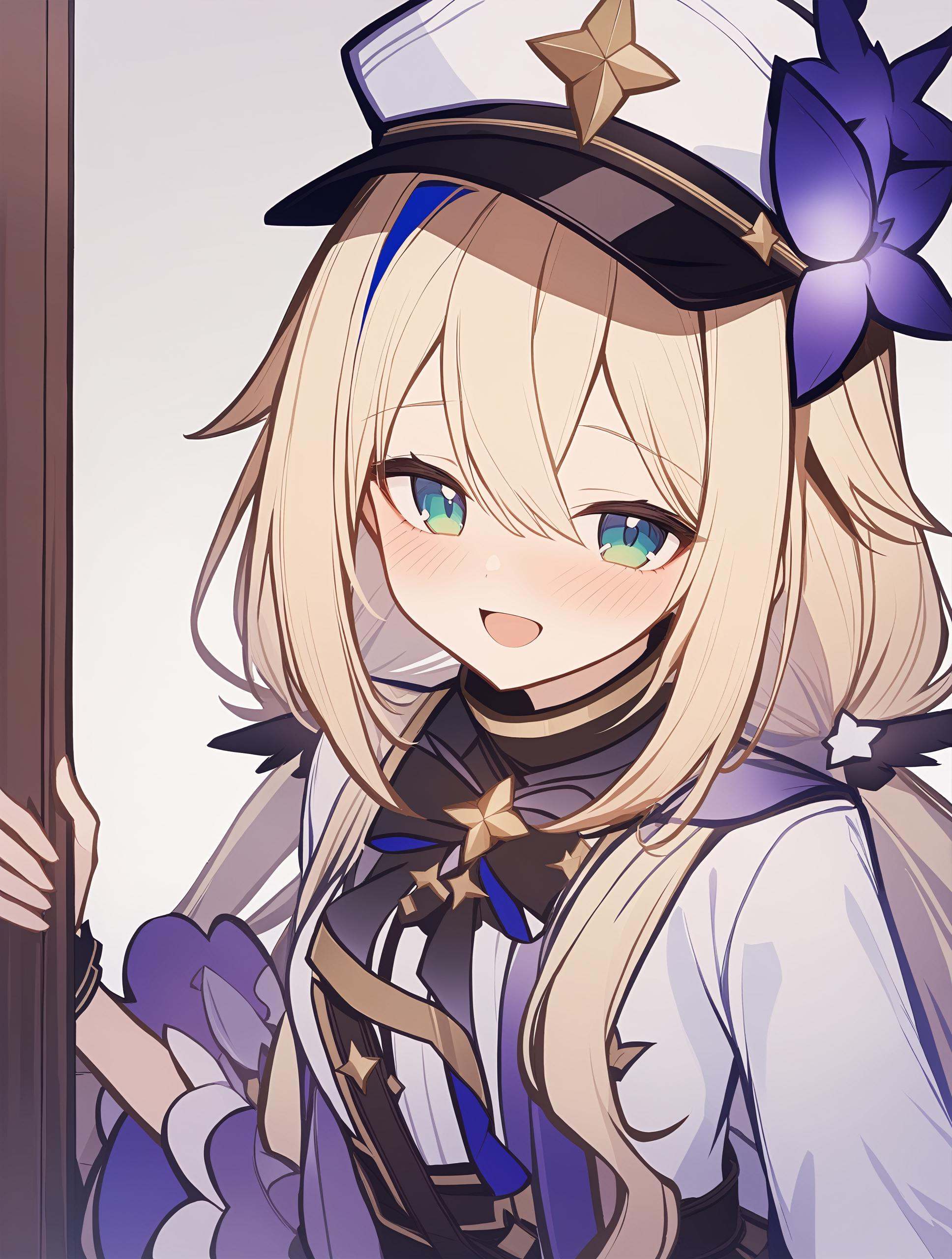 1girl,    1girl, amane kanata \(another world\), hololive, solo, blonde hair, hat, low twintails, :d, twintails, upper body, looking at viewer, long hair, blush, green eyes, open mouth, military, smile, peaked cap, military uniform, long sleeves, uniform, masterpiece, best quality,  safe <lora:mki-genshinpv-xl-v1-000012:1>