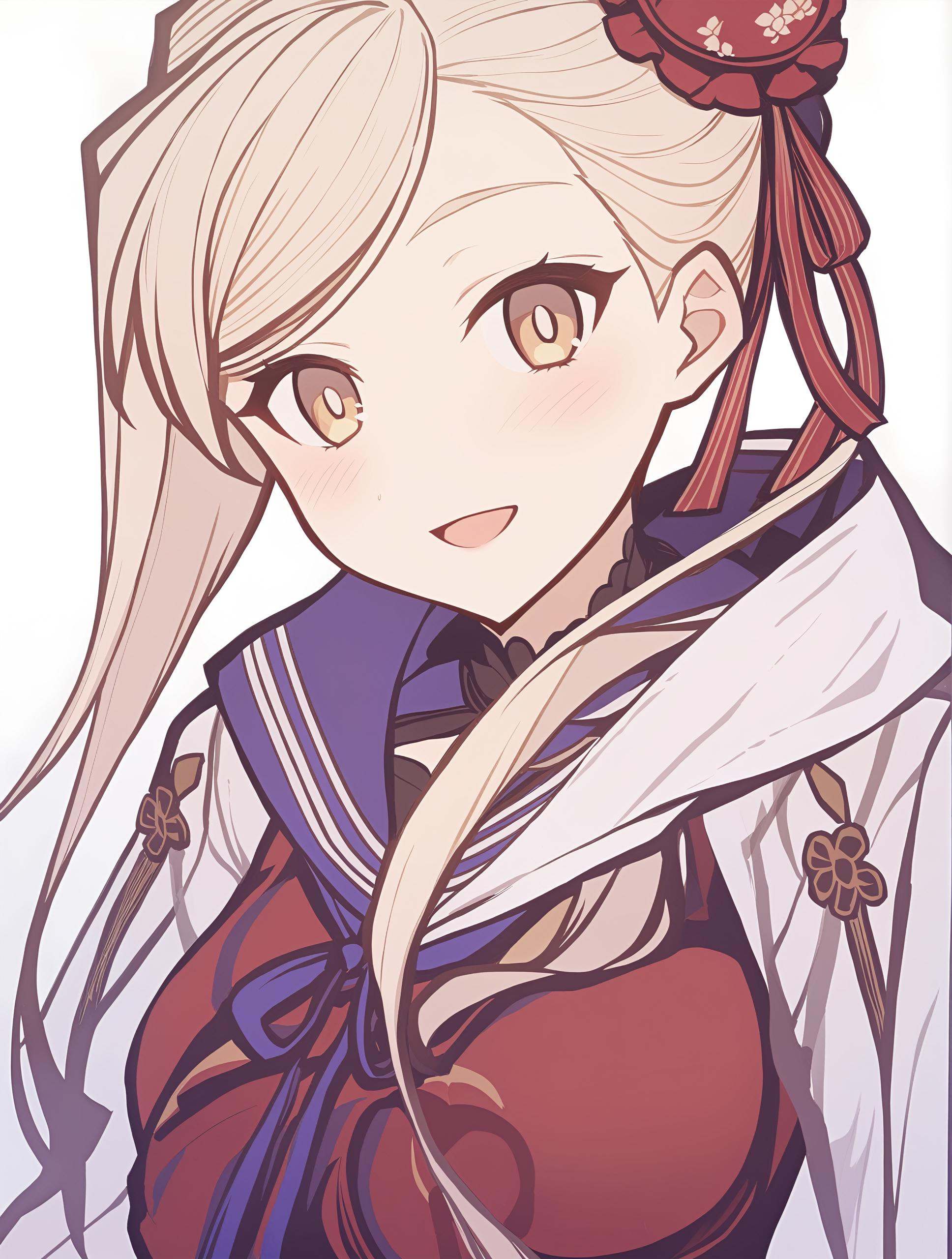 1girl,    1girl, miyamoto musashi \(swimsuit berserker\) \(third ascension\) \(fate\), fate/grand order, solo, blonde hair, serafuku, low twintails, school uniform, twintails, hair ornament, upper body, looking at viewer, long hair, open mouth, blush, smile, sailor collar, simple background, yellow eyes, white background, jacket, long sleeves, masterpiece, best quality,  safe <lora:mki-genshinpv-xl-v1-000012:1>