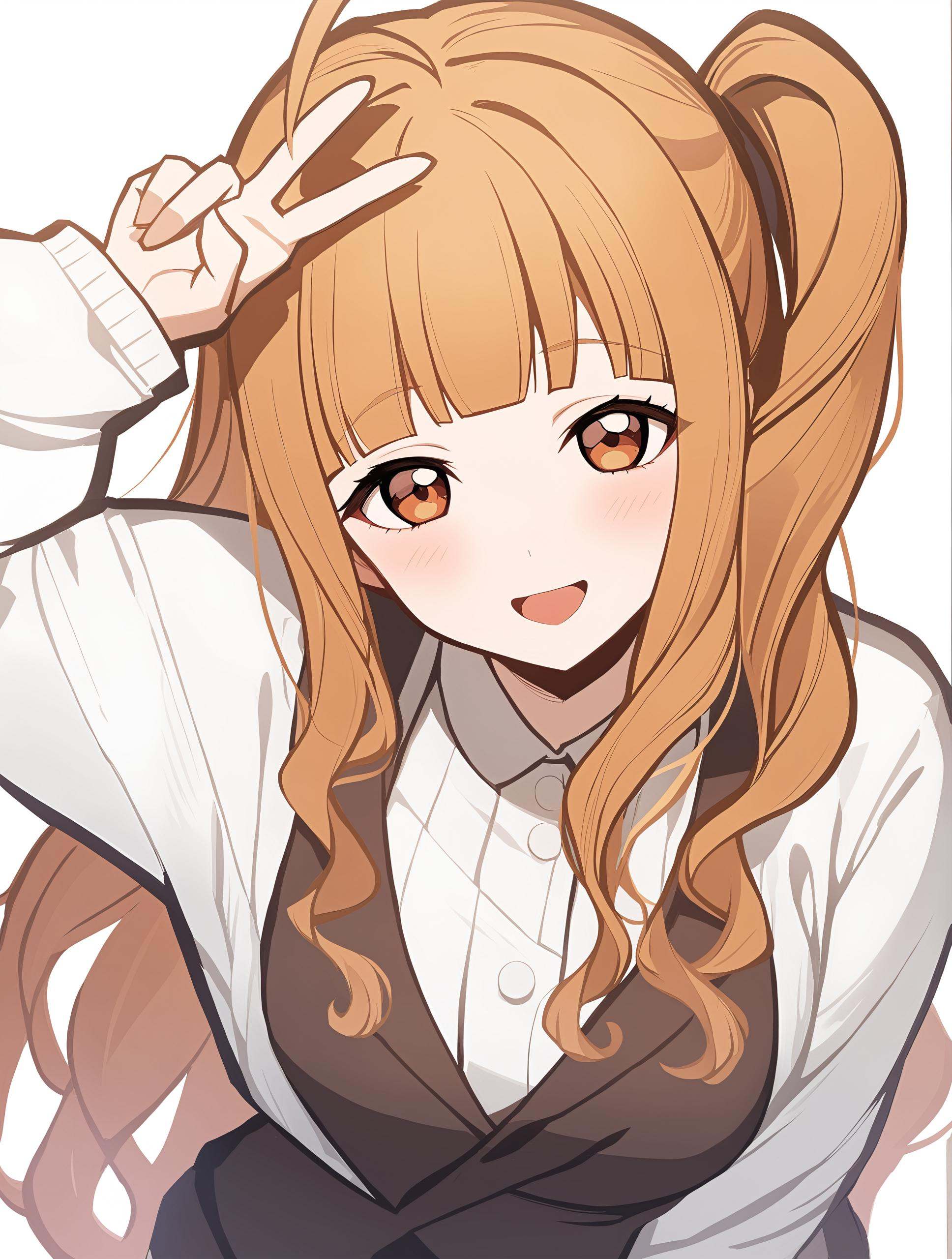 1girl,    1girl, yuuki anju, love live!, solo, blonde hair, upper body, :d, red eyes, looking at viewer, long hair, smile, blush, open mouth, v, side ponytail, very long hair, simple background, v over eye, ahoge, white background, long sleeves, masterpiece, best quality,  safe <lora:mki-genshinpv-xl-v1-000012:1>