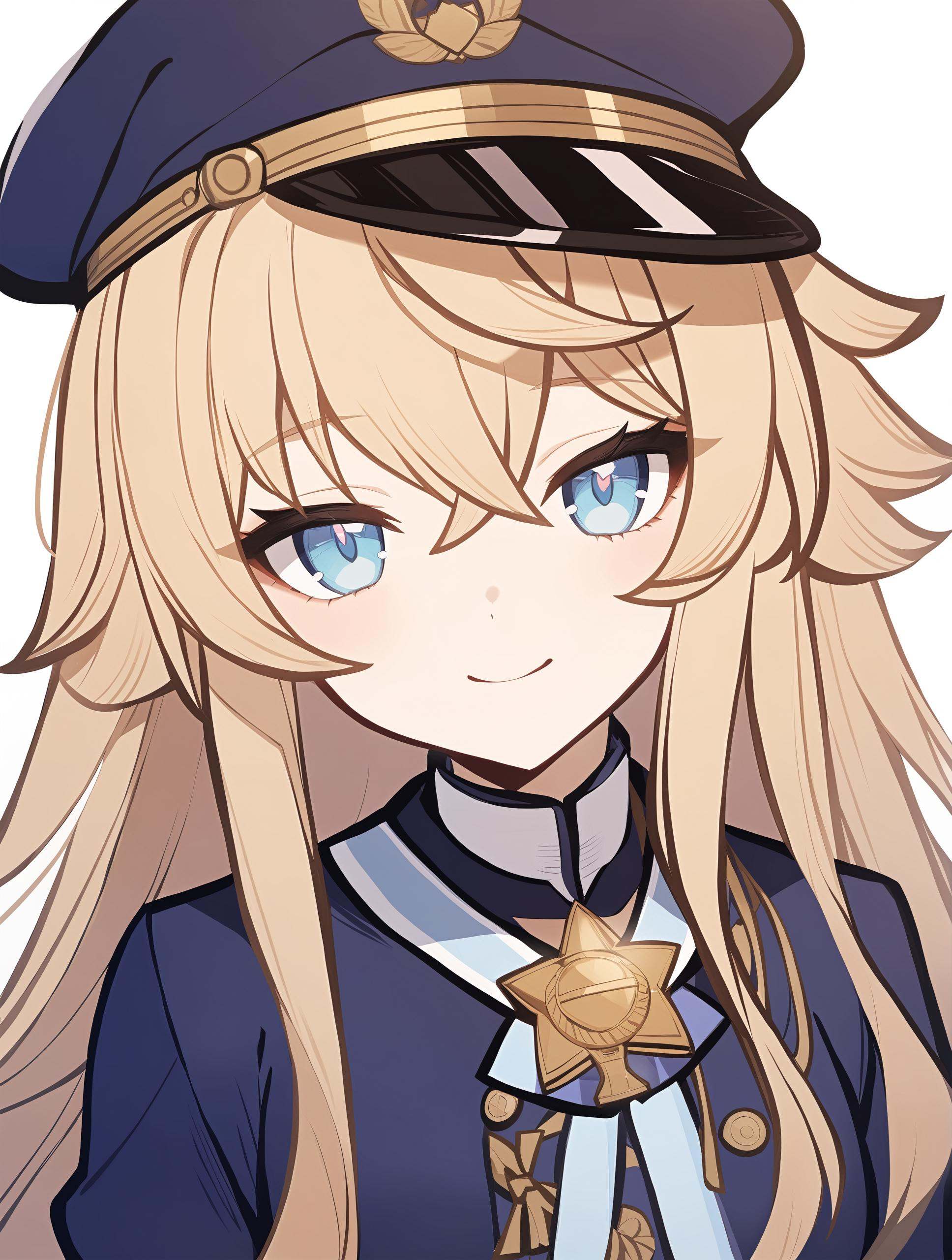 1girl,    1girl, kagura nana, indie virtual youtuber, solo, hair between eyes, blonde hair, portrait, blue eyes, head tilt, looking at viewer, long hair, smile, medal, military, simple background, military uniform, blue jacket, closed mouth, white background, jacket, uniform, masterpiece, best quality,  safe <lora:mki-genshinpv-xl-v1-000012:1>