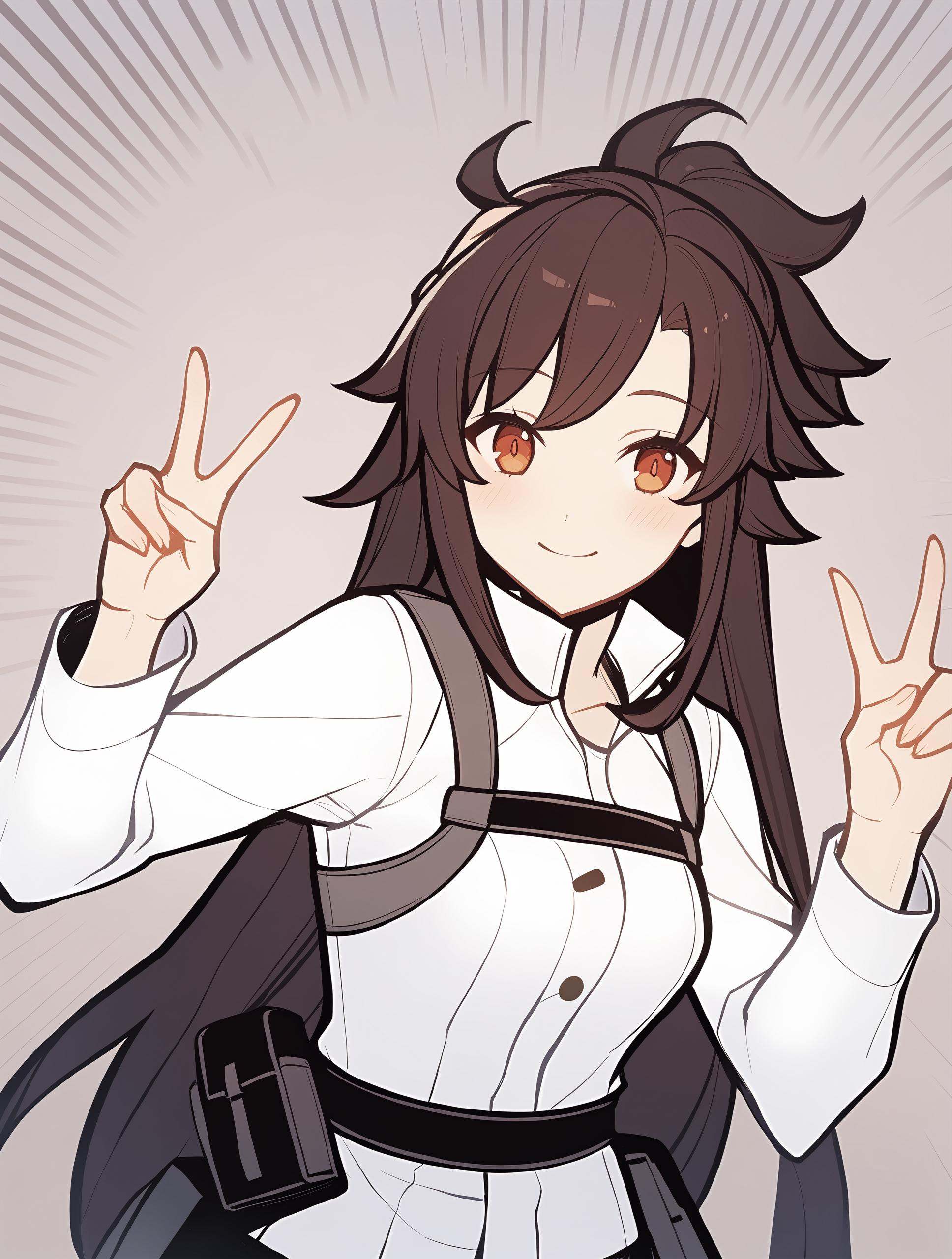 1girl,    1girl, fujimaru ritsuka \(female\) \(polar chaldea uniform\), fate/grand order, solo, white shirt, upper body, black hair, red eyes, shirt, long hair, looking at viewer, smile, collared shirt, blush, simple background, v, buttons, double v, white background, closed mouth, long sleeves, masterpiece, best quality,  safe <lora:mki-genshinpv-xl-v1-000012:1>