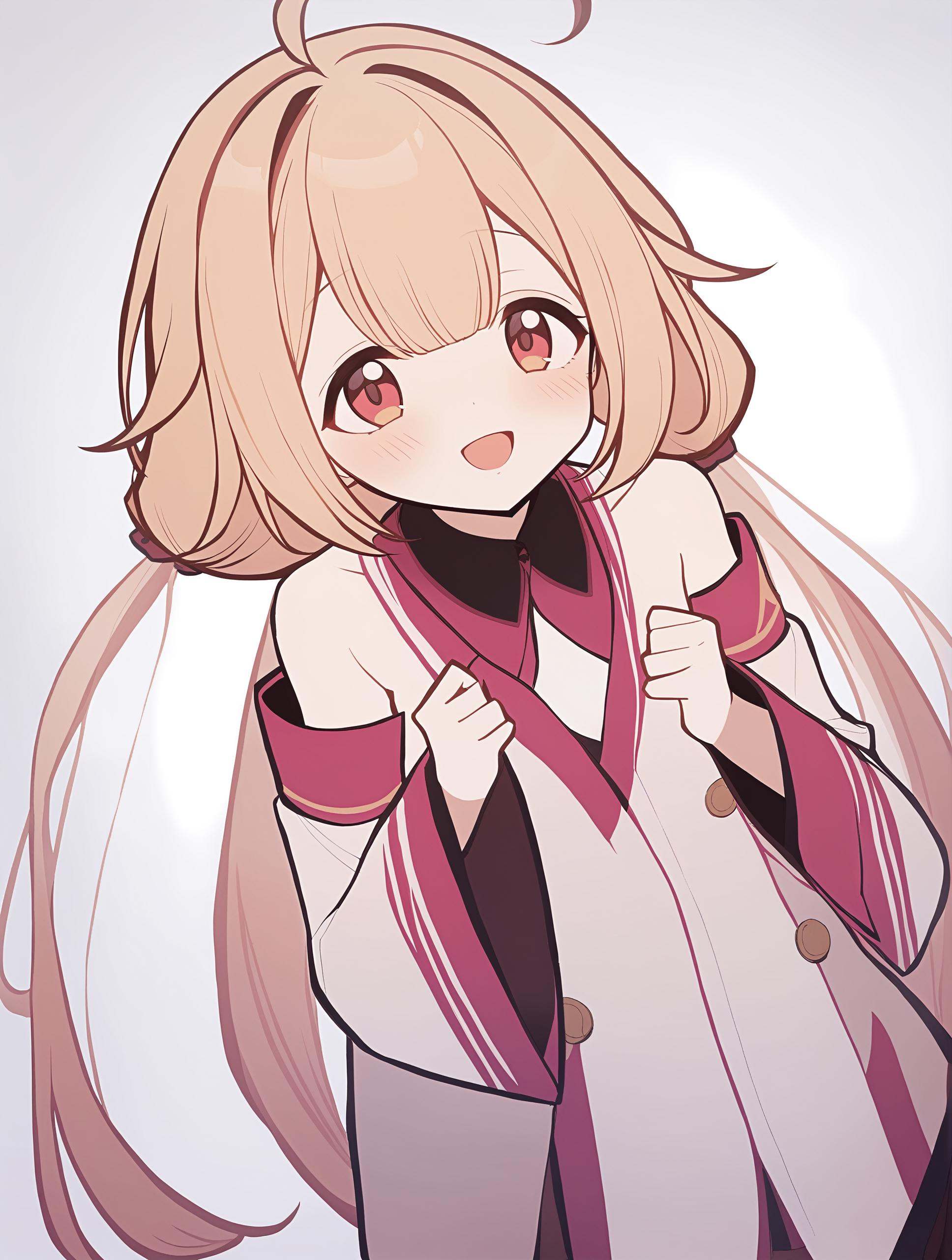 1girl,    1girl, suo sango, nijisanji, solo, bare shoulders, :d, red eyes, small breasts, smile, very long hair, blush, breasts, ahoge, hair between eyes, blonde hair, hair ornament, twintails, looking at viewer, long hair, open mouth, white background, detached sleeves, simple background, masterpiece, best quality,  safe <lora:mki-genshinpv-xl-v1-000012:1>