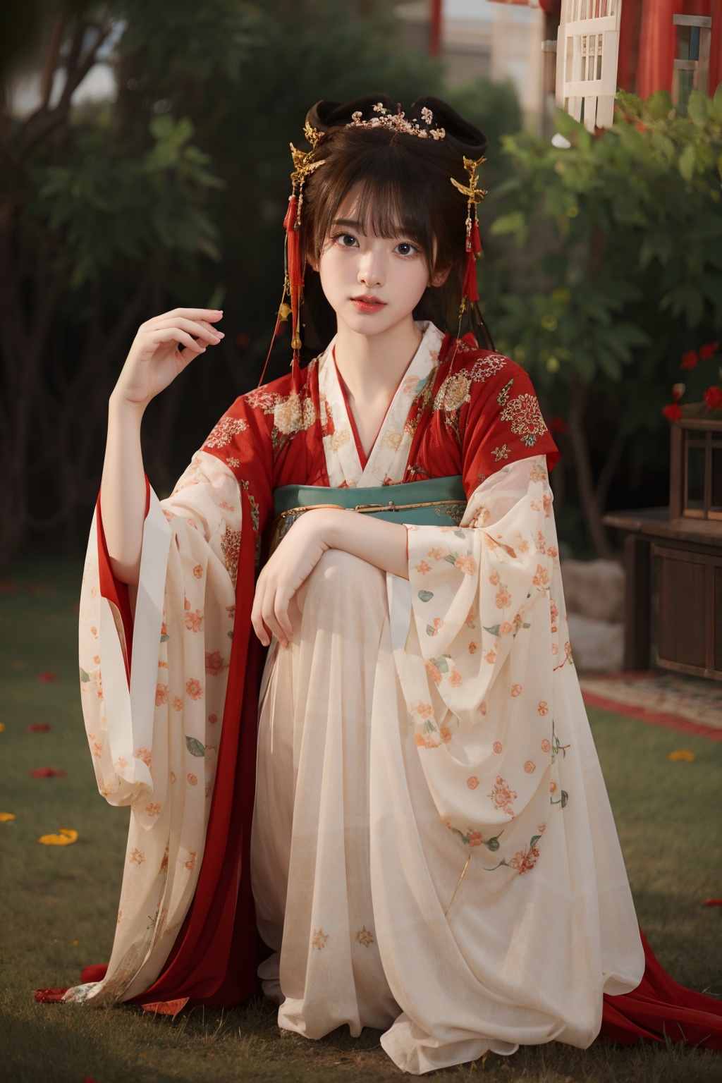 <lora:GoodHands-手beta2:1>,solo,1girl,outdoors,blonde hair,full body,ruanyi0363,hanfu,wide sleeves,see-through,chinese clothes,red dress,thigh gap,<lora:0363 Shangyuan Ankang_v2-000003:1>,squatting,, (incredibly absurdres, ultra-detailed,CG ,unity ,8k wallpaper),(masterpiece),(realistic),(photorealistic:1.2),(raw photo:1.2), (best quality:1.2), (detailed face :1.4),(beautiful detailed eyes :1.2),(detailed hair),light on face, huge filesize ,cinematic lighting, 1 girl ,sexy,