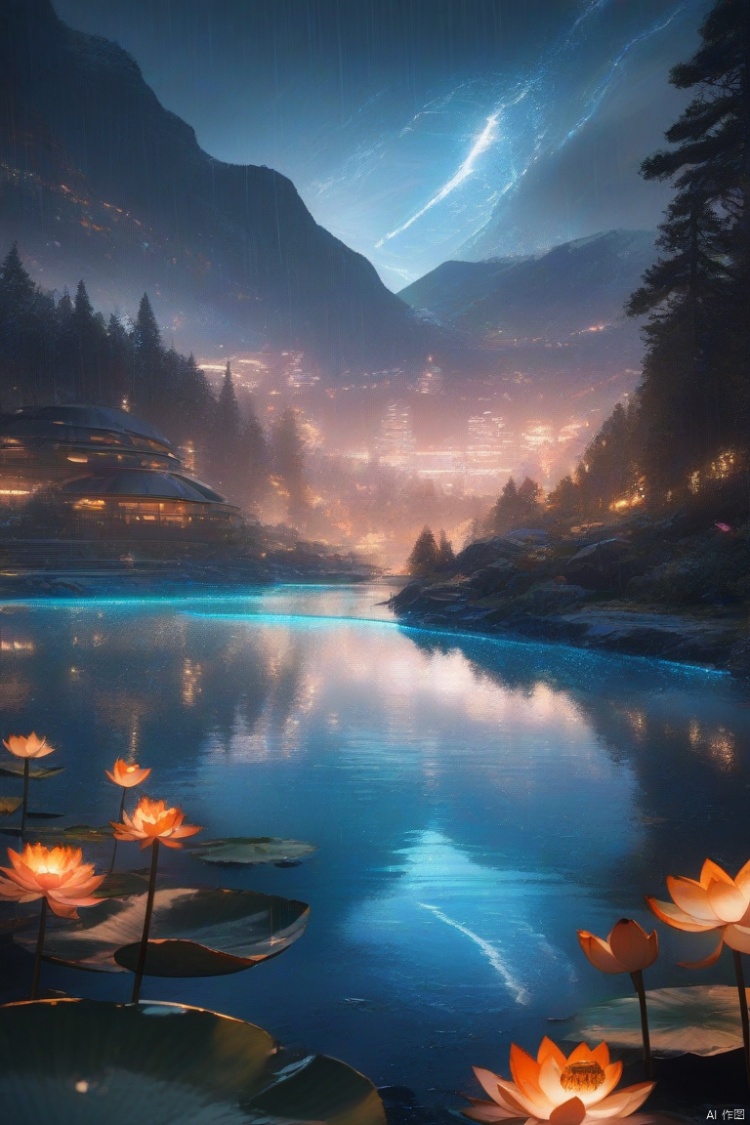 Masterpiece, the best quality, stunning details, Enjoy the Future, Cyberpunk 2077 Wide angle, 8k, locally blurred, Lakes, valleys, small rivers, high mountains, weathered granite, Hillside, lakeside, oval shaped building (streamlined, lotus shaped design, transparent exterior, metal frame, glass exterior wall, fish scale decoration, huge), surrounded by forest, decorated with lights, rainy, 1girl