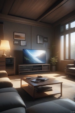 Living room, TV, no humans, , window, table, book,interior design, living room, masterpiece,best quality,unreal engine 5 rendering,movie light,movie lens,movie special effects,detailed details,HDR,UHD,8K,Indoor, living room, TV_ cabinet