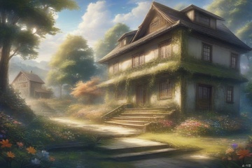 Shuwuu, tree, scenery, stairs, no humans, outdoors, house, window, plant, fantasy, nature, sky, grass, building, water, flower, overgrown, forest