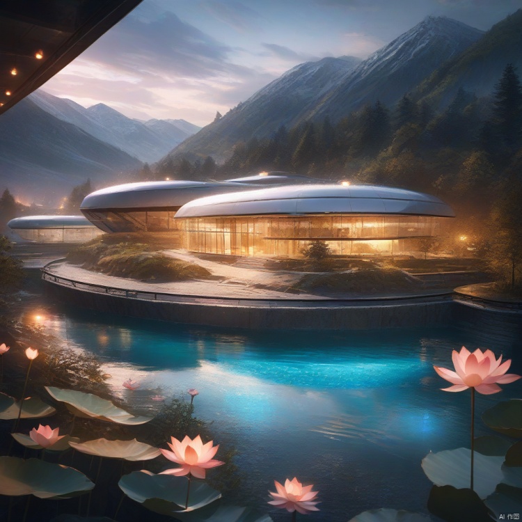  Masterpiece, the best quality, stunning details, Enjoy the Future, Cyberpunk 2077 Wide angle, 8k, locally blurred, Lakes, valleys, small rivers, high mountains, weathered granite, Hillside, lakeside, oval shaped building (streamlined, lotus shaped design, transparent exterior, metal frame, glass exterior wall, fish scale decoration, huge), surrounded by forest, decorated with lights, rainy, 1girl