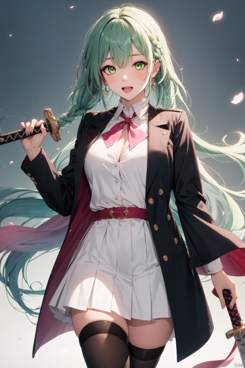  1girl, solo, green thighhighs, breasts, demon slayer uniform, green eyes, thighhighs, weapon, long hair, sword, multicolored hair, pink hair, open mouth, skirt, looking at viewer, braid, gradient hair, mole under eye, petals, cleavage, partially unbuttoned, mole, belt, green hair, holding, black skirt, haori, long sleeves, bangs, shirt, holding sword, japanese clothes, zettai ryouiki, holding weapon, open clothes, two-tone hair, ribbed legwear, miniskirt, katana, white shirt, pleated skirt, collared shirt, pink nails, simple background, blush, uniform, white background, medium breasts, large breasts, white belt, wide sleeves, coat, grey background, jacket, black jacket, open shirt, sheath, twin braids, cowboy shot, feet out of frame,4k