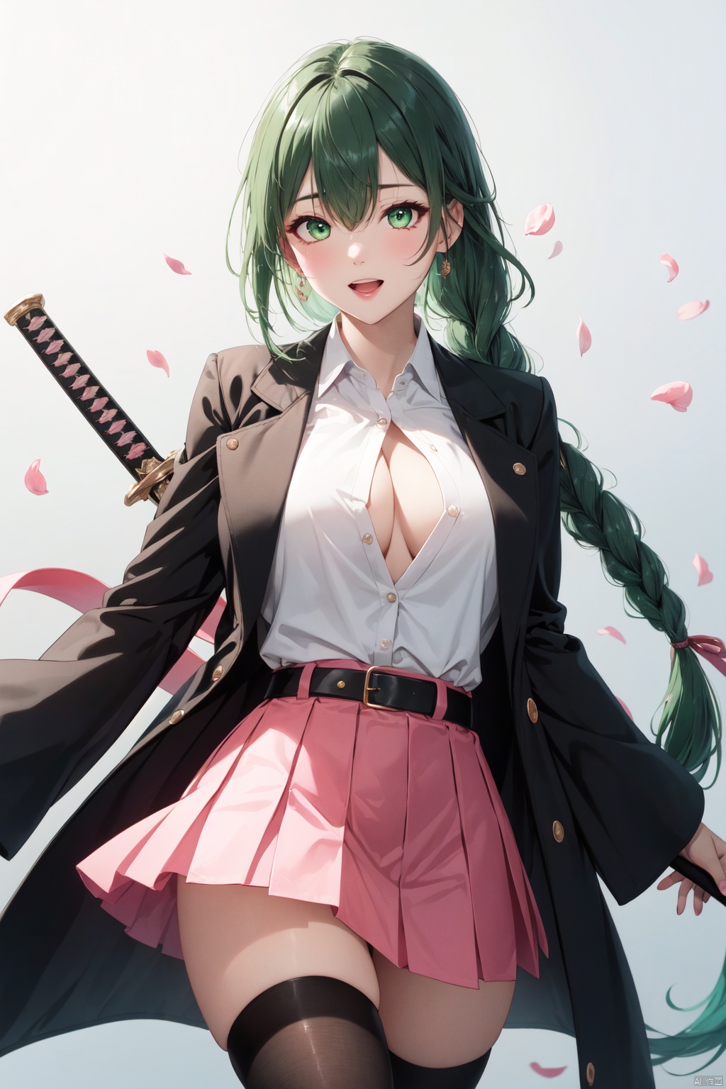 1girl, solo, green thighhighs, breasts, demon slayer uniform, green eyes, thighhighs, weapon, long hair, sword, multicolored hair, pink hair, open mouth, skirt, looking at viewer, braid, gradient hair, mole under eye, petals, cleavage, partially unbuttoned, mole, belt, green hair, holding, black skirt, haori, long sleeves, bangs, shirt, holding sword, japanese clothes, zettai ryouiki, holding weapon, open clothes, two-tone hair, ribbed legwear, miniskirt, katana, white shirt, pleated skirt, collared shirt, pink nails, simple background, blush, uniform, white background, medium breasts, large breasts, white belt, wide sleeves, coat, grey background, jacket, black jacket, open shirt, sheath, twin braids, cowboy shot, feet out of frame,4k