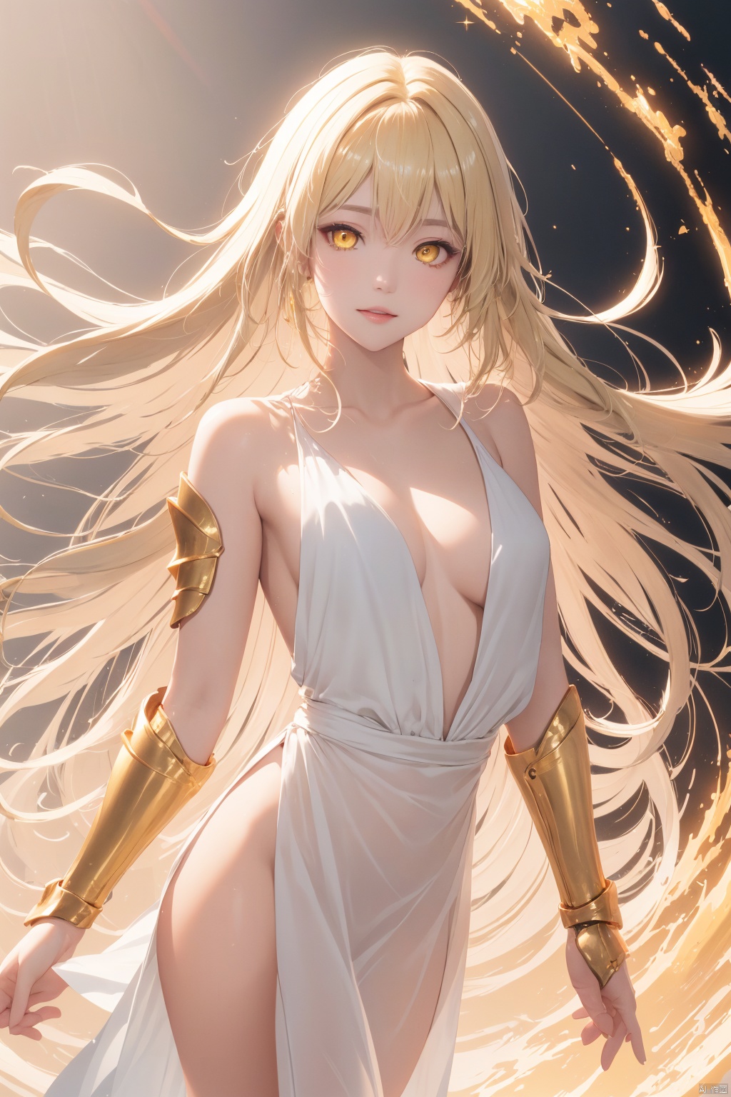  absurdres,1girl,solo,armor,full_shot,yellow eyes,blonde hair,arm up,medium breasts,looking at viewer,lotus strip road,shoulder armor,(pauldrons:1.1),floating hair,cleavage,smile,long hair,lips,glowing,gloves,(artbook:1.2),metallic luster,(background light:1.1),golden armor,golden tones,background with golden light,fine detail,perfect painting quality,lighting floats,(rotation trend:1.1),(dynamic diagram:1.1),,gyanmyo,(holy spirit:1.1),wide_shot,(glowing skin:1.2),true substance,housing architecture,(center diagram:1.1),golden lotus flying,elements of lava,white-lipped red,toplight,inverse light,