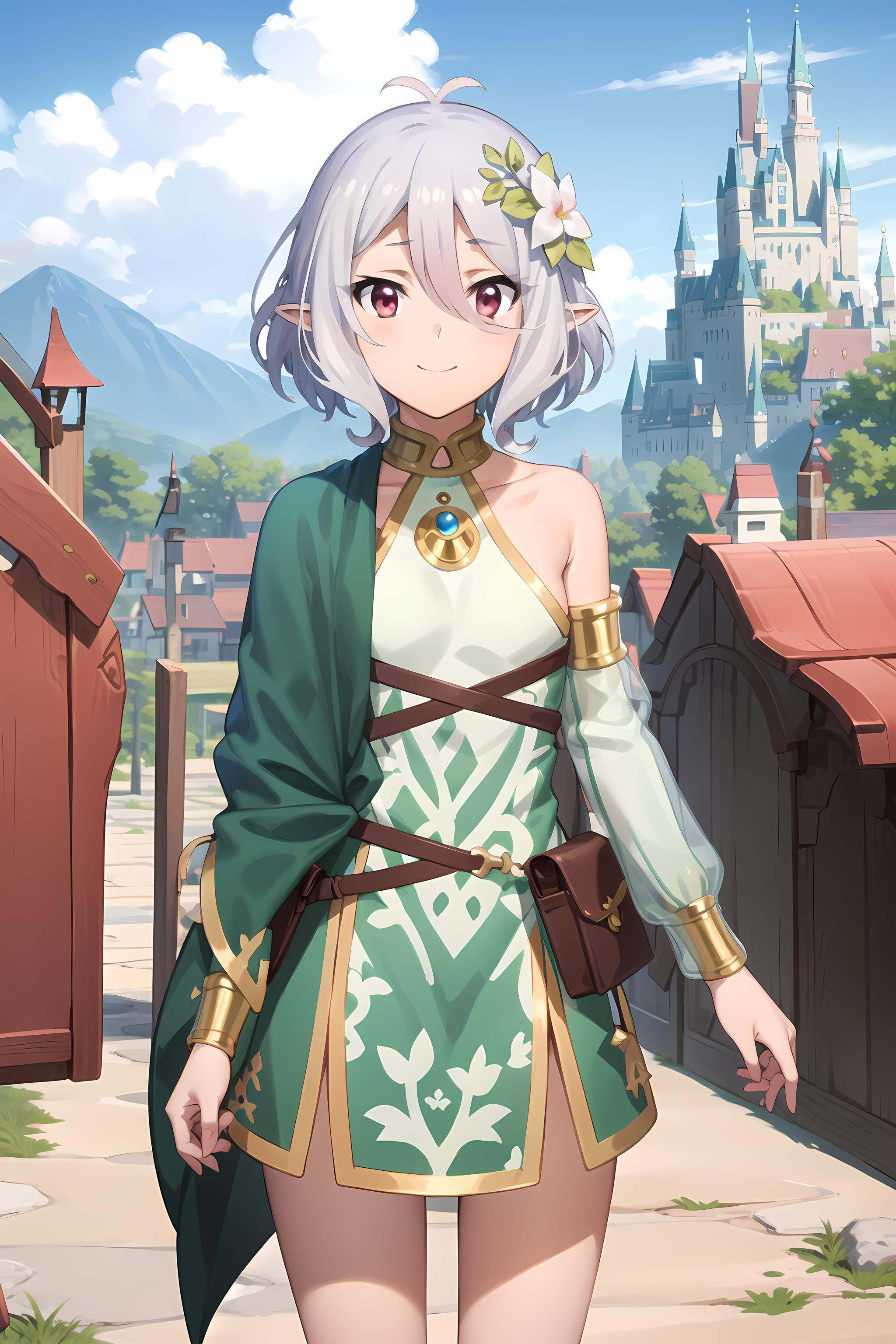 best quality, masterpiece, detailed,<lora:PrincessConnect_Kokkoro:0.9>, Kokkoro,1girl, closed mouth, light smile,grey hair, short hair, antenna hair, pink eyes, hair flower, pointy ears,KokkoroDress, dress, detached sleeves, green cape, single bare shoulder,standing, looking at viewer,outdoors, (castle:1.2), fantasy