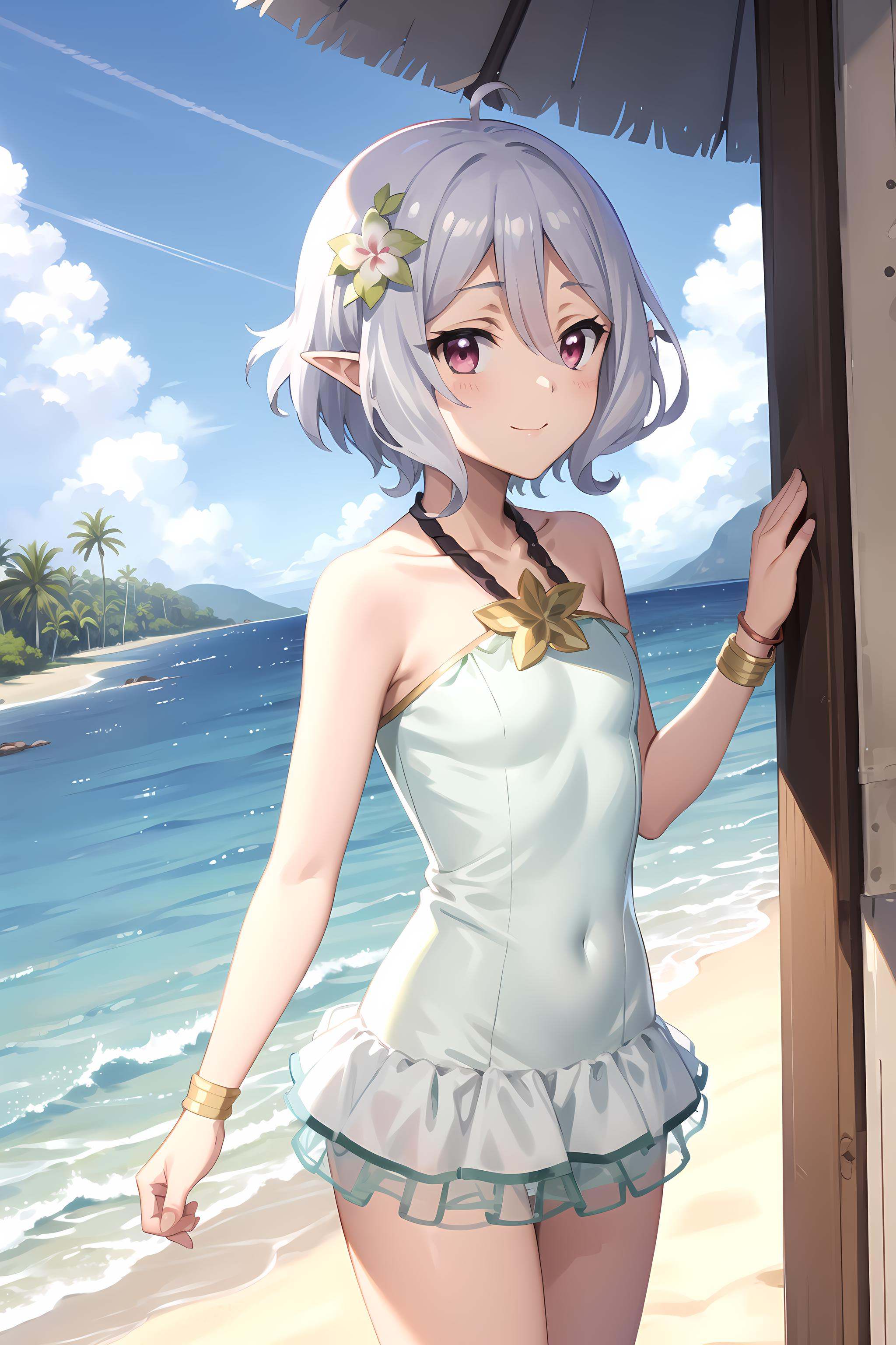best quality, masterpiece, detailed,<lora:PrincessConnect_Kokkoro:0.8>, Kokkoro,1girl, closed mouth, light smile,grey hair, short hair, antenna hair, pink eyes, hair flower, pointy ears,KokkoroSwimsuit, one-piece swimsuit, frills, bracelet,looking at viewer,beach, (palm:1.2), water