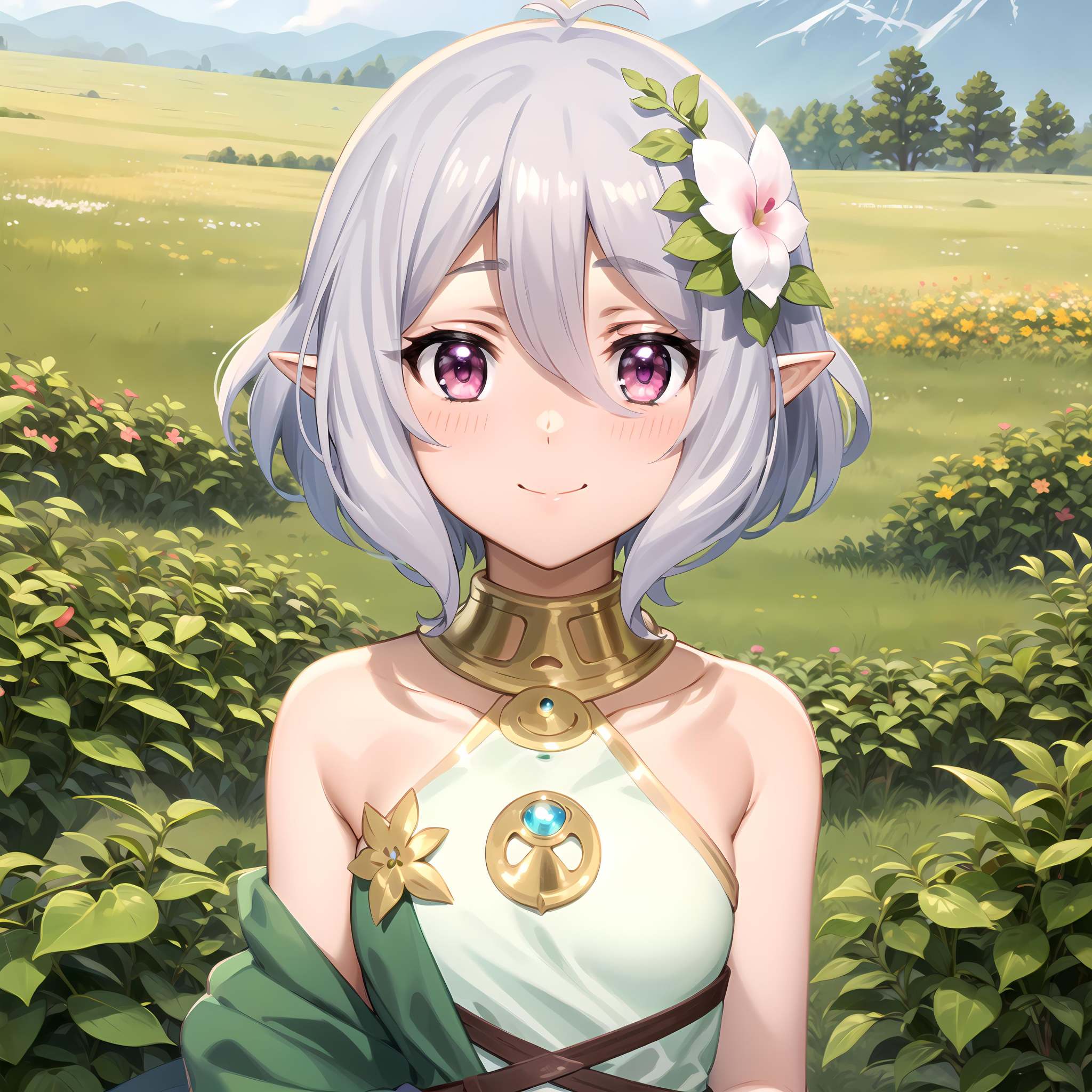 best quality, masterpiece, detailed,<lora:PrincessConnect_Kokkoro:0.8>, Kokkoro,closed mouth, close-up, light smile, blush,grey hair, short hair, antenna hair, pink eyes, hair flower, pointy ears,KokkoroDress, gold necklace, bare shoulders,looking at viewer,scenery, flower field