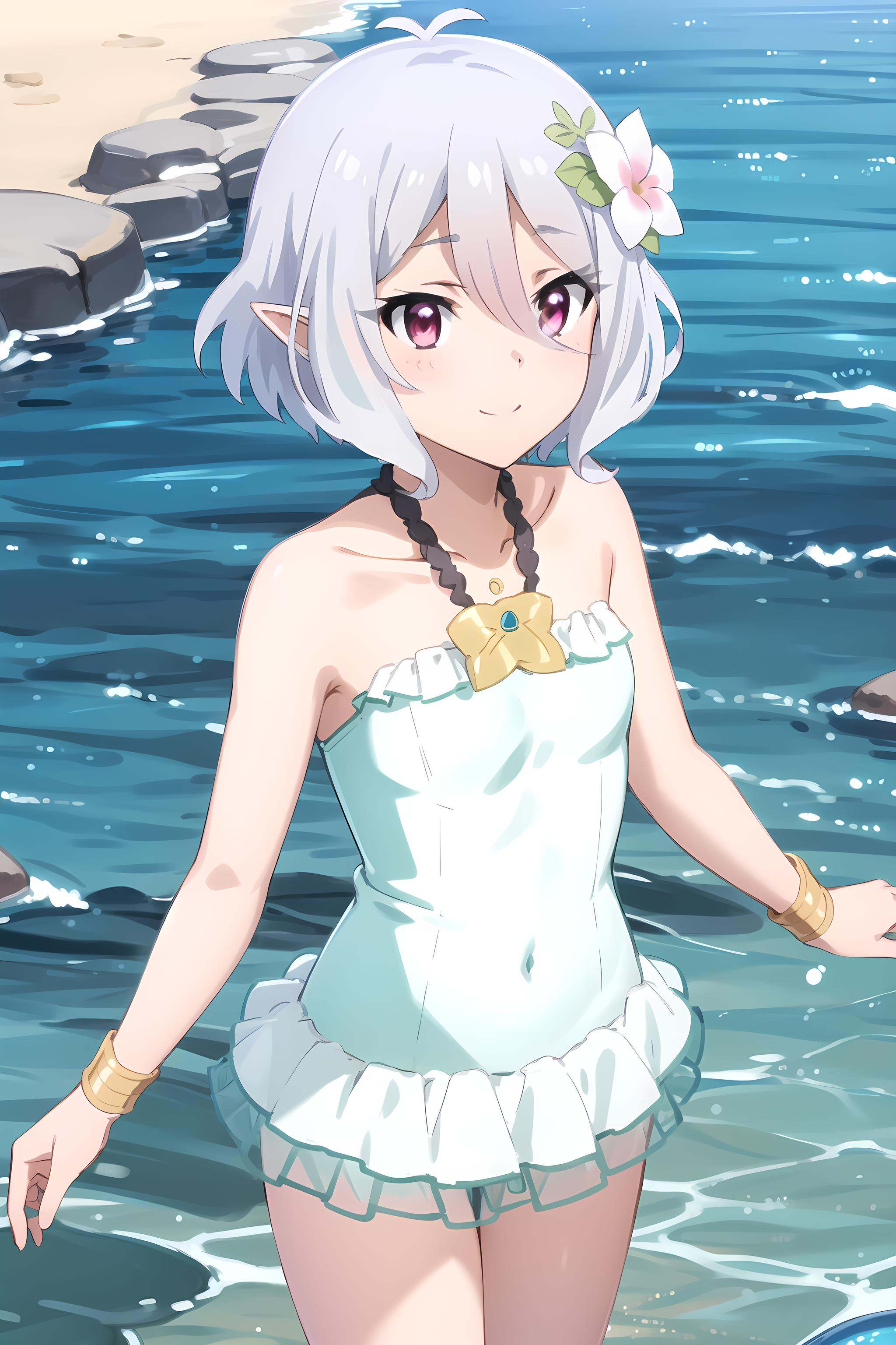 best quality, masterpiece, detailed,<lora:PrincessConnect_Kokkoro:0.9>, Kokkoro,1girl, closed mouth, light smile,grey hair, short hair, antenna hair, pink eyes, hair flower, pointy ears,KokkoroSwimsuit, one-piece swimsuit, frills, bracelet, looking at viewer,beach, palm