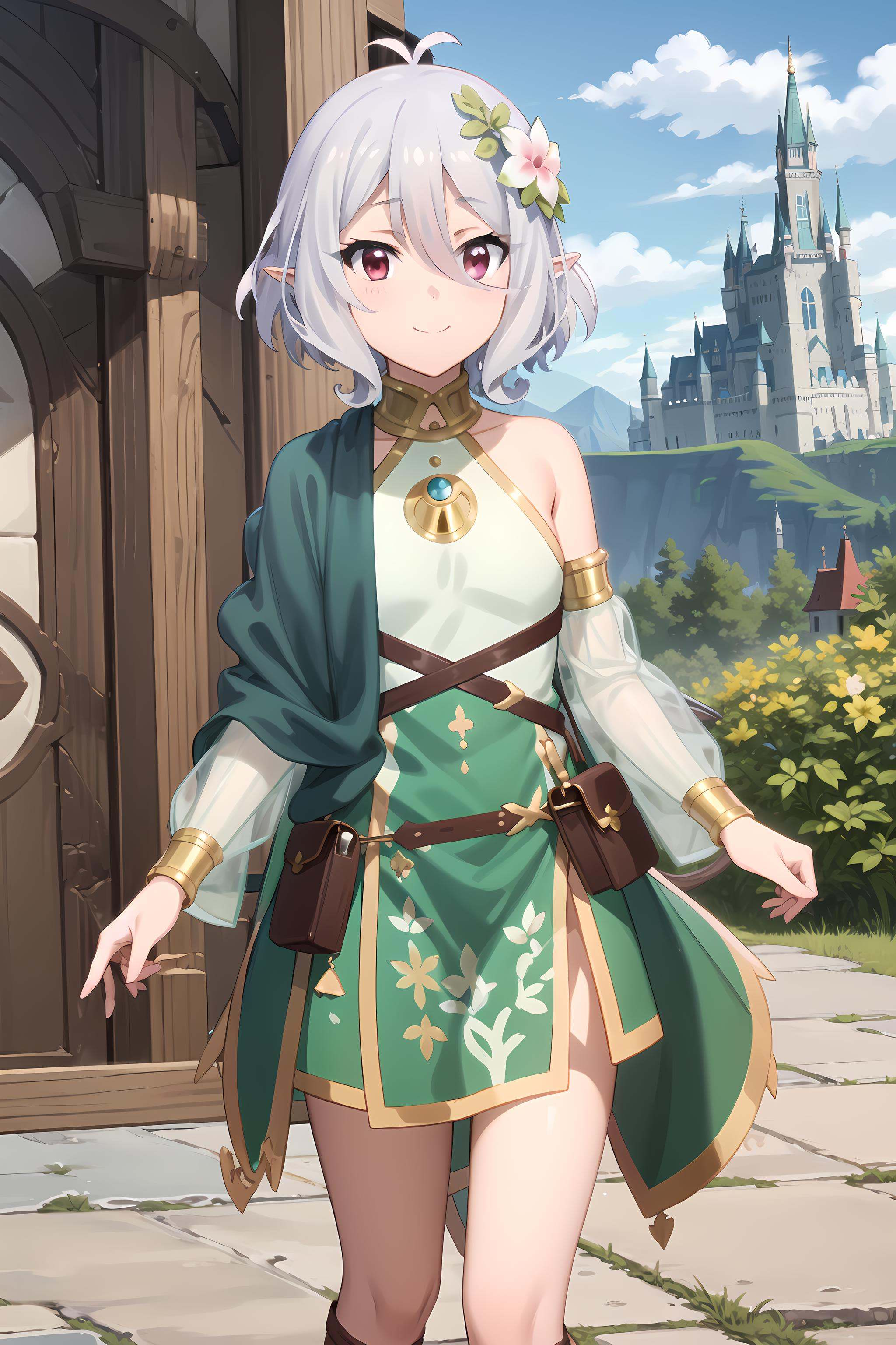 best quality, masterpiece, detailed,<lora:PrincessConnect_Kokkoro:0.9>, Kokkoro,1girl, closed mouth, light smile,grey hair, short hair, antenna hair, pink eyes, hair flower, pointy ears,KokkoroDress, dress, detached sleeves, green cape, single bare shoulder,standing, looking at viewer,outdoors, (castle:1.2), fantasy