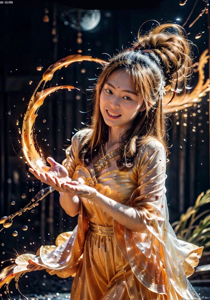 Tilt-shift photo of Jupiter,splash art,a close up liquid luminous moon lady made of colors,silver,red,orange,light yellow,grey golden,liquid fire peony flowers,filigree,filigree detailed,swirling fire flames,Galaxy,color drops,color waves,moonlight,splash style of colorful paint,hyperdetailed intricately detailed,unreal engine,fantastical,intricate detail,splash screen,complementary colors,fantasy,concept art,8k resolution,masterpiece,oil painting,heavy strokes,paint dripping,splash arts,fantasy art,concept art,centered composition perfect composition,centered,intricated pose,intricated,guofeng,shenhua,Throwing posture,<lora:05 外网增强细节:0.3>,smile,<lora:GuoFeng3.2_Lora:0.4>,<lora:ZHU:0.8>, . Selective focus, miniature effect, blurred background, highly detailed, vibrant, perspective control
