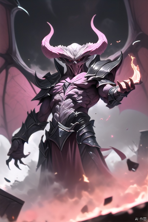 demonvvv, armor, solo, 1boy,face, shoulder armor, male focus, wings, horns, pauldrons, Ultra-Wide Angle, dutch angle,Raise your hand, hold it, hold the flame,