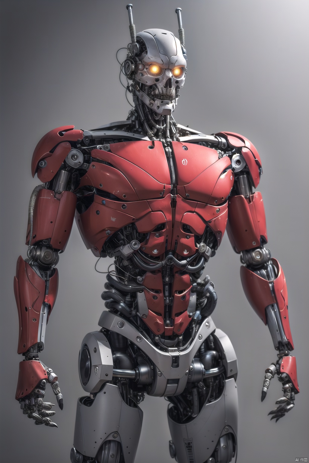 demonvvv, solo, glowing, glowing eyes, robot, cable, grey background, science fiction, mechanical parts, no humans, cyborg, red eyes, simple background