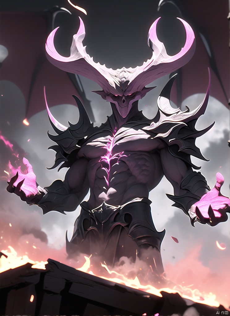 demonvvv, armor, solo, 1boy,face, shoulder armor, male focus, wings, horns, pauldrons, Ultra-Wide Angle, dutch angle,Raise your hand, hold it, hold the flame,