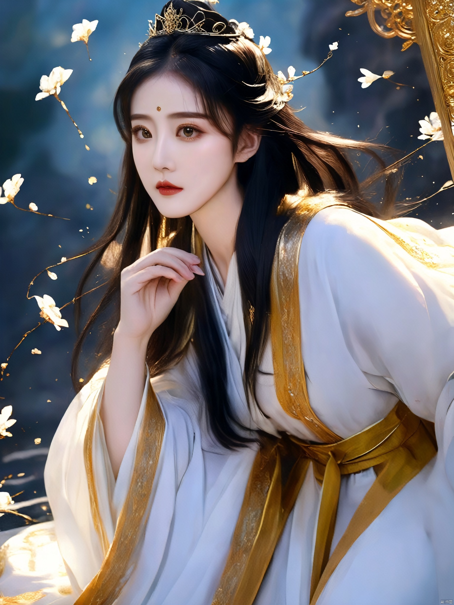  masterpiece,(best quality),Amazing,beautiful detailed eyes,((((1girl)))),finely detailed,Depth of field,extremely detailed CG unity 8k wallpaper,(((((full body))))),(((cute animal face))),(((a girl wears Clothes Black and white Taoist robes))),((Extremely gorgeous magic style)),((((gold and silver lace)))),(((flowing lace))),(((flowing ((black)) and white background))),(((((gorgeous detailed eyes))))),(((((((gorgeous detail face))))))),((floating hair)),(((Pick and dye black hair in white hair))),(((flowing transparent black))),(((flowing transparent white))),(((((ink))))),((((small breast)))),(((extremely detailed gorgeous tiara))),(((black and white hair))),((black hair stick)),((white hair ornament)),((gold gorgeous necklace)),((flowing hair)),(((The picture fills the canvas))),((The character is in the center of the frame)),(((flowing))),((bright pupils)),((((melt)))),(((((black and white melt))))), zhouzhiruo