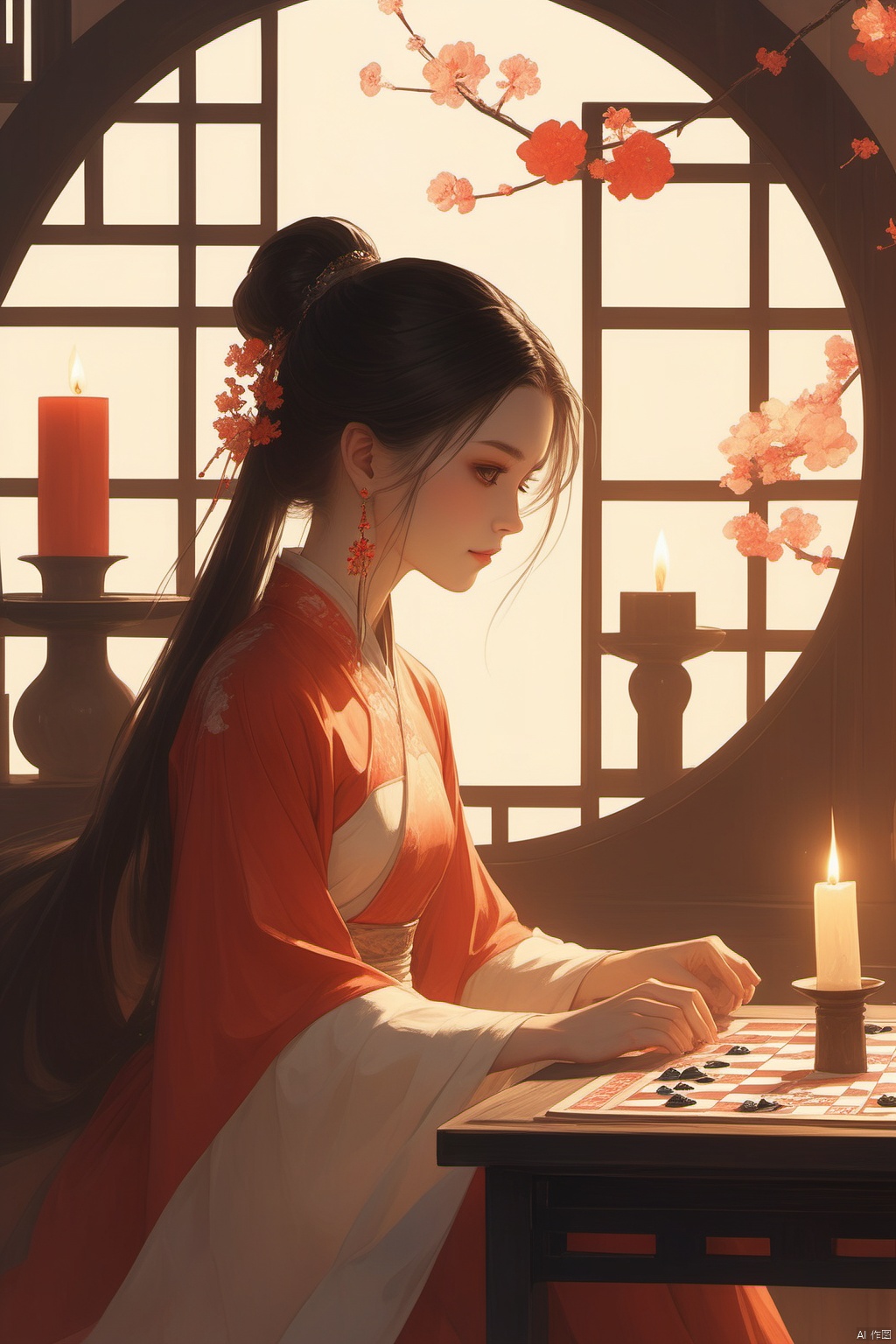 1girl,long hair,solo,a flower cat,jewelry,earrings,single hair bun,chinese clothes,table,sitting,board game,flower,circular window,window,dress,from side,hair ornament,hair bun,long sleeves,red dress,black hair,indoors,looking down,profile,brown hair,candle,light,GFGF,
