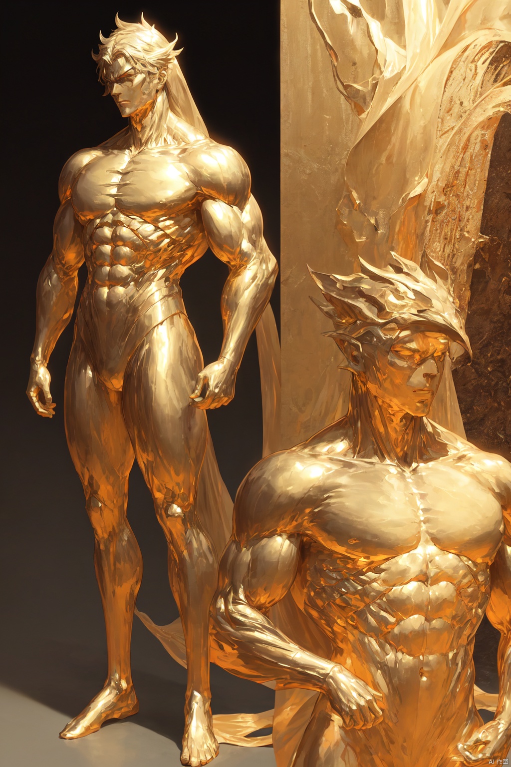 镜头质量：Bestquality,8k,(((masterpiece))),((bestquality)),
镜头位置：(full_body:1.2),solo,
人物：
环境背景：
图像风格：
提示词：, Golden body_Golden man,