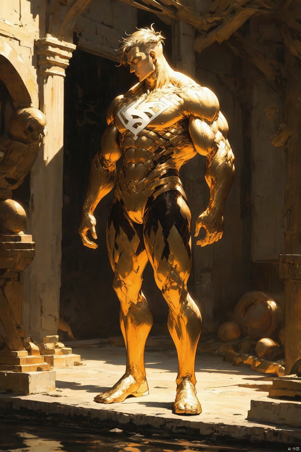 镜头质量：Bestquality,8k,(((masterpiece))),((bestquality)),
镜头位置：(full_body:1.2),solo,
人物：
环境背景：
图像风格：
提示词：, Golden body_Golden man, 