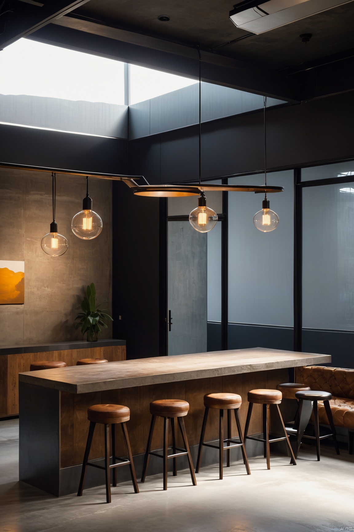 Exposed ductwork, concrete floors, metal beam ceilings, open plan, large factory windows, leather and metal furniture, Edison bulb lighting, minimalist artwork, sleek bar stools.\(设计理念：通过展露原始材料和结构,创造出一个充满都市感和艺术氛围的空间, by Ethan\)<lora:EMS-317795-EMS:0.800000>