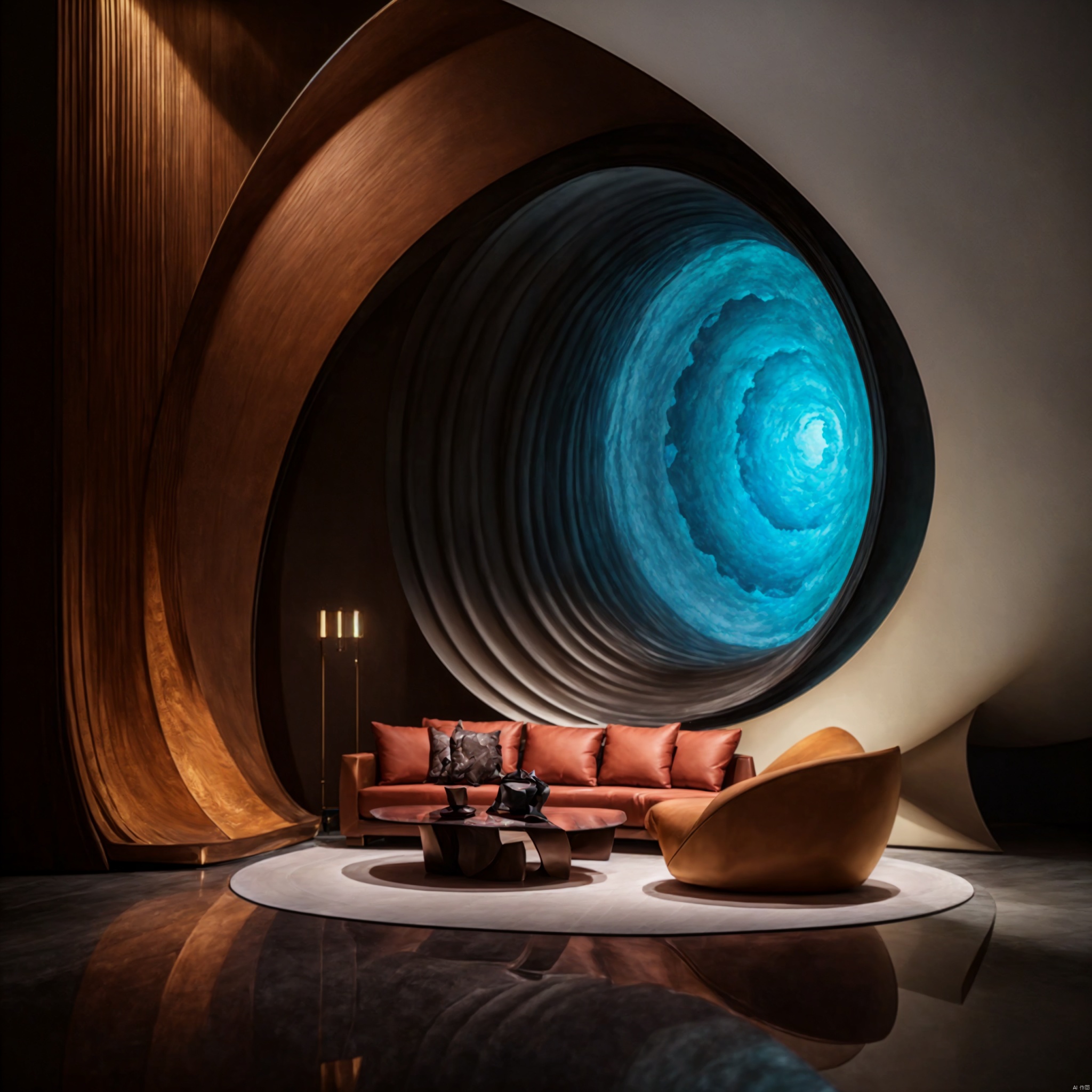  Dream homes,(Best quality, 4K, architectural photography, Masterpiece: 1.2), (Realiy: 1.4), (Installation art:1.2), bold lighting, Complex log curved modeling background, depth of fields,Gray sofa,Detailed details,High-definition realism,Installation Art, Installation art