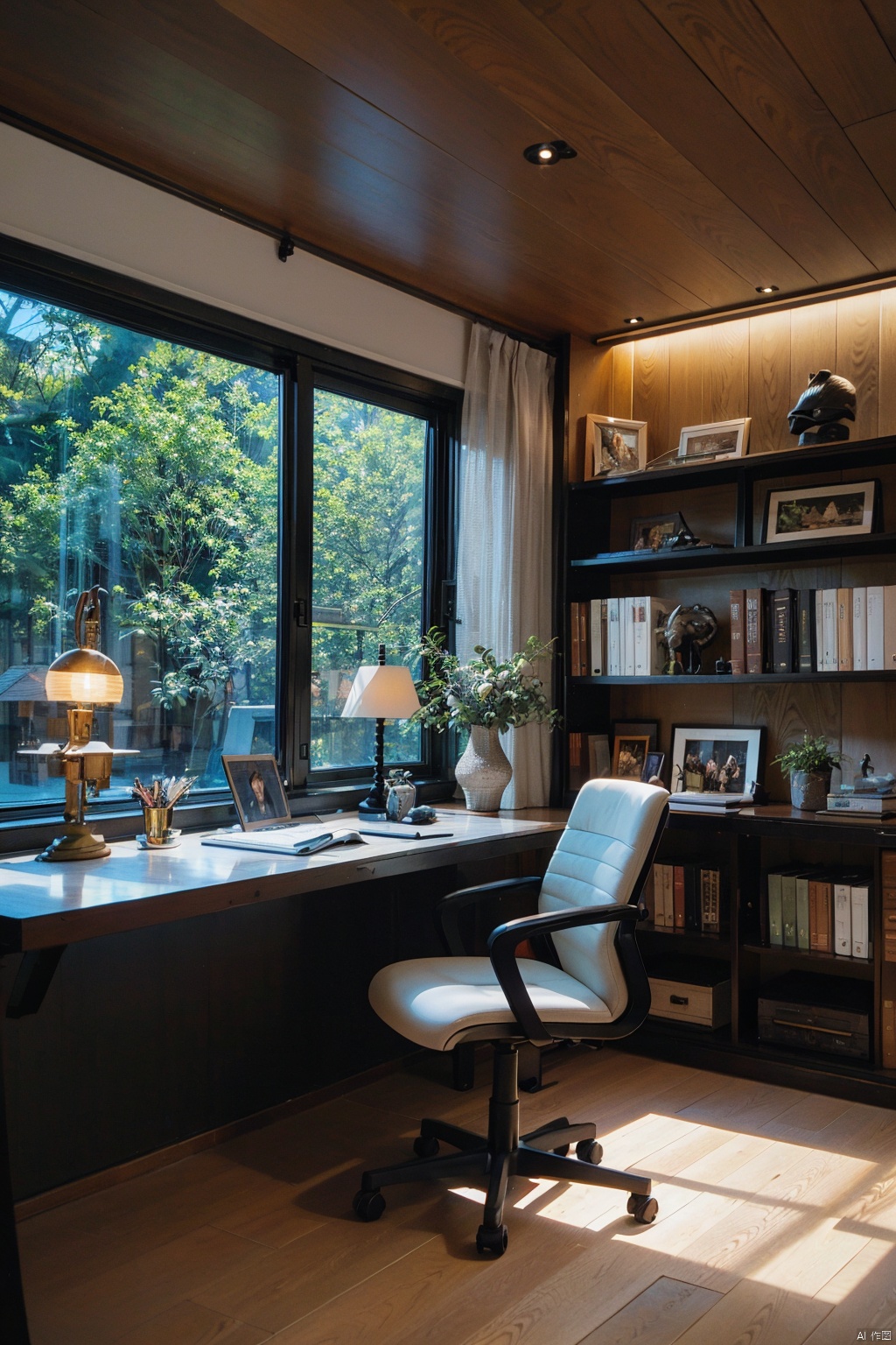 Serene home office, oak wood flooring, olive green walls, sleek, contemporary furniture, geometric design elements, floor-to-ceiling windows, natural light, panoramic forest view, calming earth tones, brushed metal accents, minimalist bookshelves, industrial lighting, metal and glass desk, ergonomic office chair, open layout, indoor ferns, terracotta planters, abstract sculptures, monochrome art prints, architectural books, soft ambient lighting, tranquil, refined, nature-inspired workspace, Light master, Sky Fantasy, Dream homes