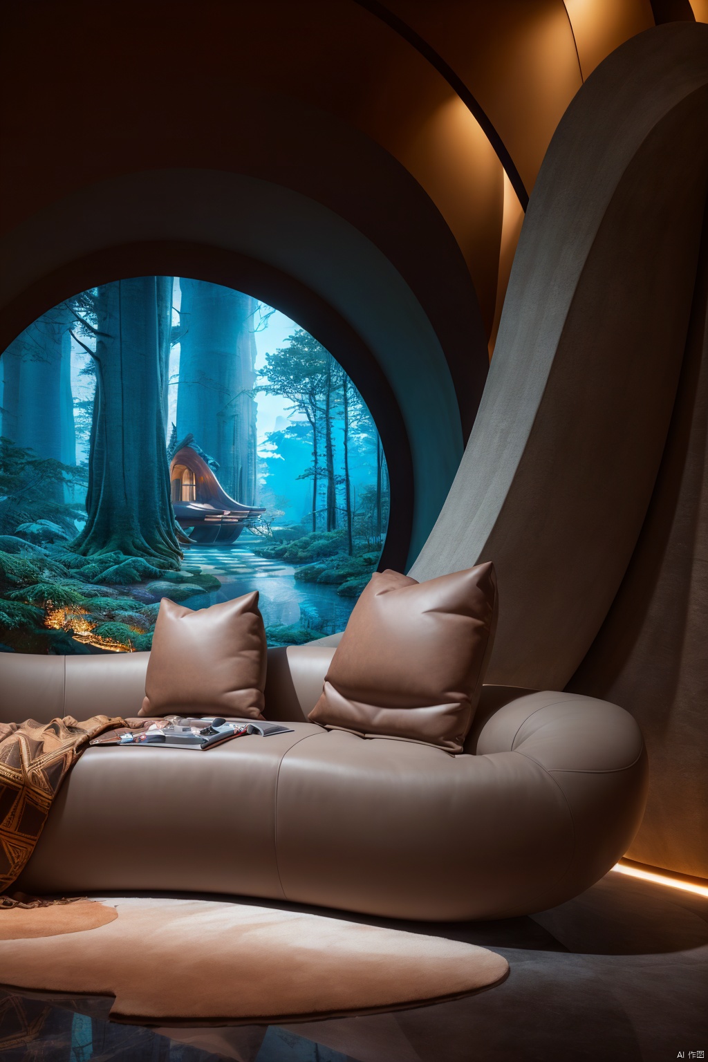 Dream homes,(Best quality, 4K, architectural photography, Masterpiece: 1.2), (Realiy: 1.4), (Installation art:1.2), bold lighting, Complex log curved modeling background, depth of fields,Gray sofa,Detailed details,High-definition realism,Installation Art, Installation art<lora:EMS-331520-EMS:0.800000>