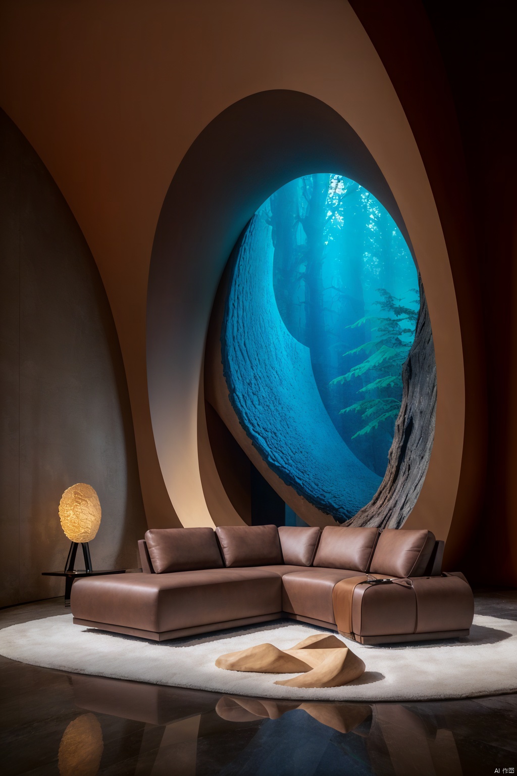 Dream homes,(Best quality, 4K, architectural photography, Masterpiece: 1.2), (Realiy: 1.4), (Installation art:1.2), bold lighting, Complex log curved modeling background, depth of fields,Gray sofa,Detailed details,High-definition realism,Installation Art, Installation art<lora:EMS-331520-EMS:0.800000>