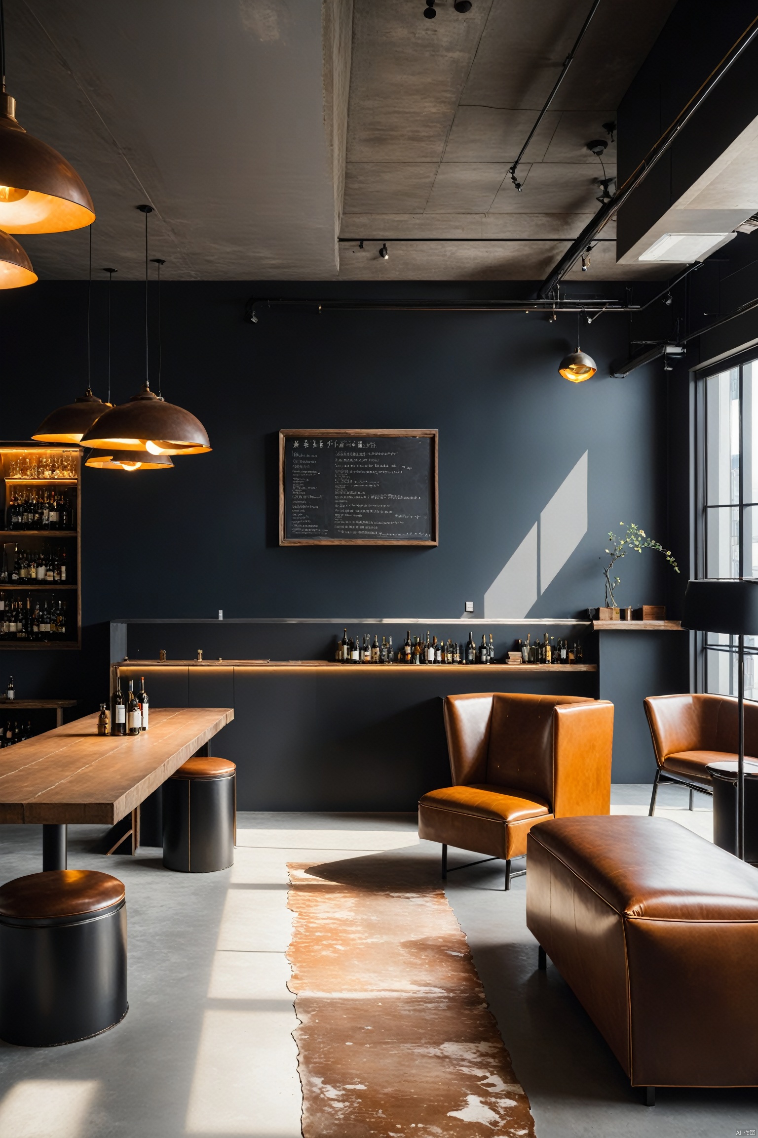 Exposed ductwork, concrete floors, metal beam ceilings, open plan, large factory windows, leather and metal furniture, Edison bulb lighting, minimalist artwork, sleek bar stools.\(设计理念：通过展露原始材料和结构,创造出一个充满都市感和艺术氛围的空间, by Ethan\)<lora:EMS-317795-EMS:0.800000>