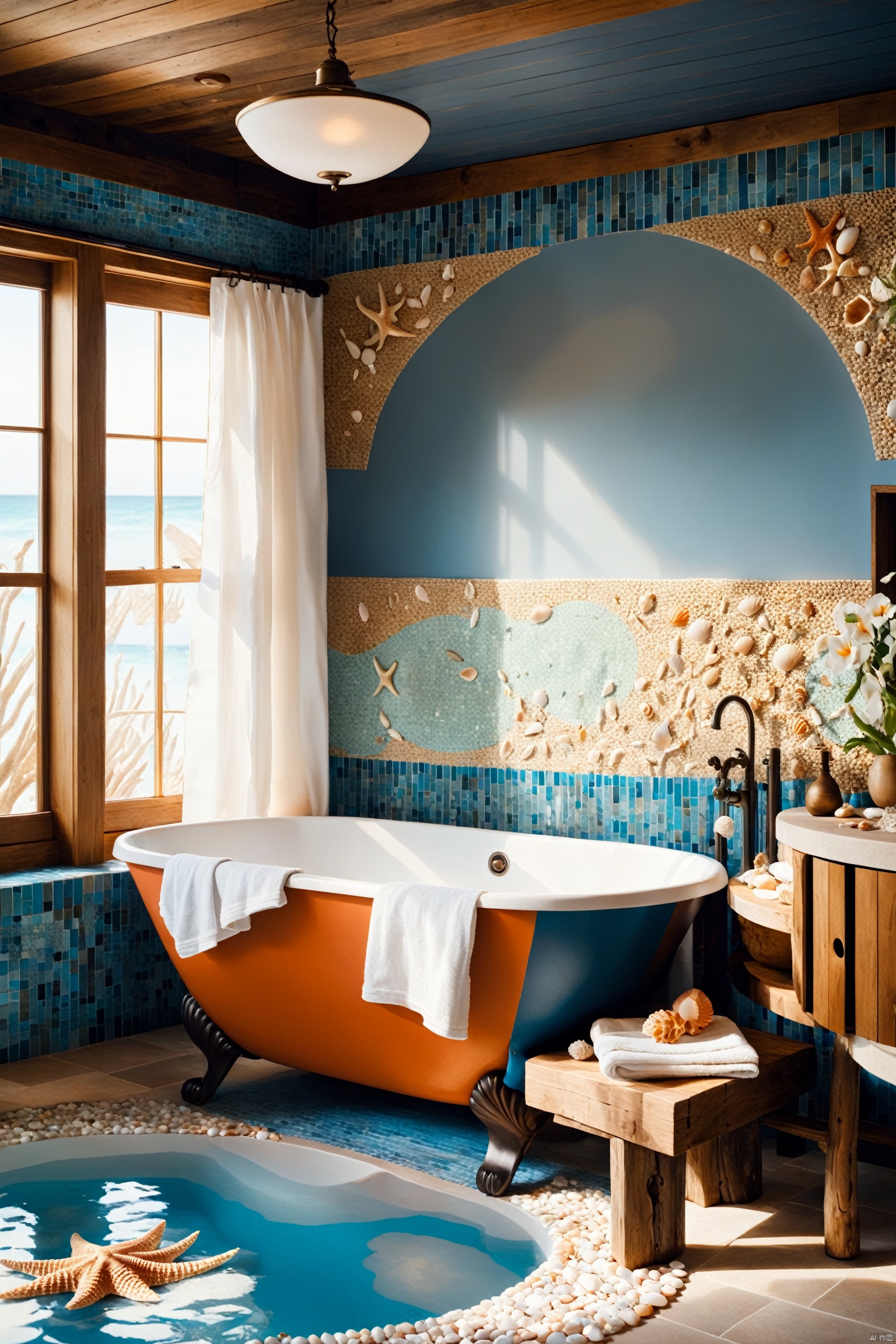 Light blue and sandy tones, mosaic tile backsplash, seashell and coral decor, freestanding bathtub, breezy curtains, natural light, driftwood elements, spa-like atmosphere<lora:EMS-317795-EMS:0.800000>