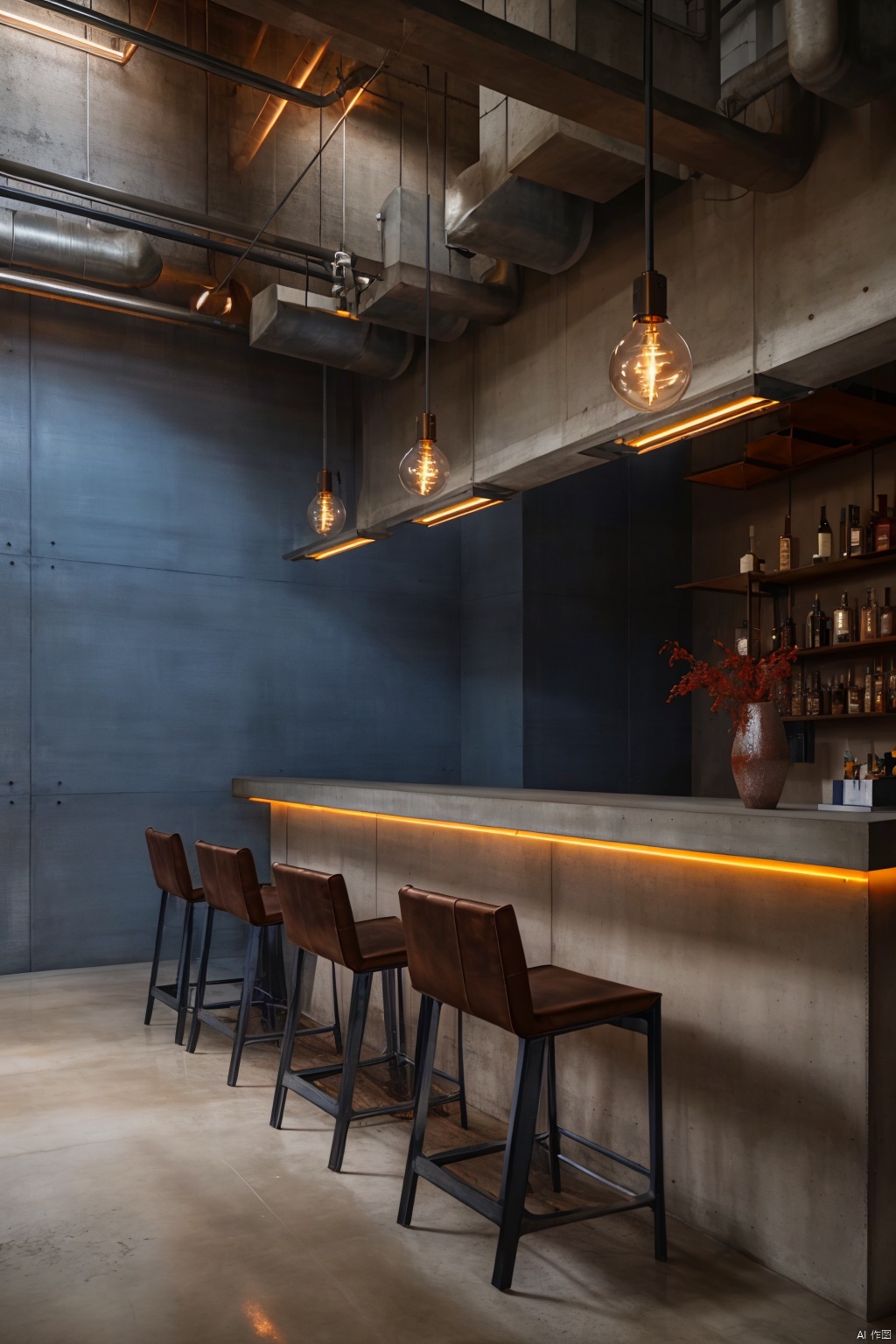  Dream homes,Exposed ductwork, concrete floors, metal beam ceilings, open plan, large factory windows, leather and metal furniture, Edison bulb lighting, minimalist artwork, sleek bar stools