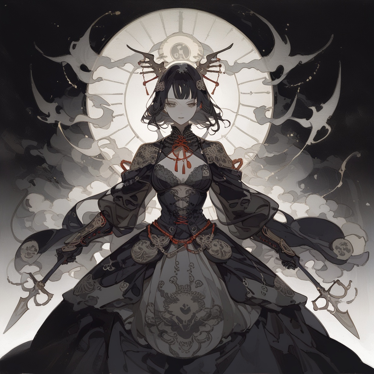 warrior, 1girl, gothic dress, black theme, 
masterpiece, best quality, aesthetic,
