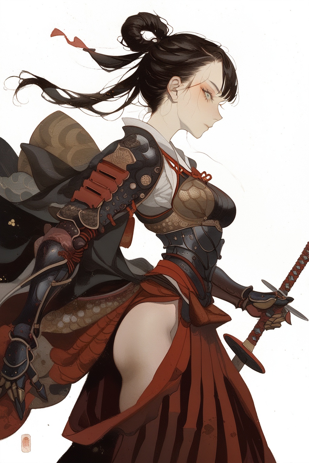 warrior, 1girl, weapon, solo, sword, armor, black hair, white background, hip vent, from side, breasts, japanese clothes, simple background, hakama, profile, gauntlets, looking at viewer, long hair, hair rings, holding, standing, japanese armor, medium breasts, 
masterpiece, best quality, aesthetic,