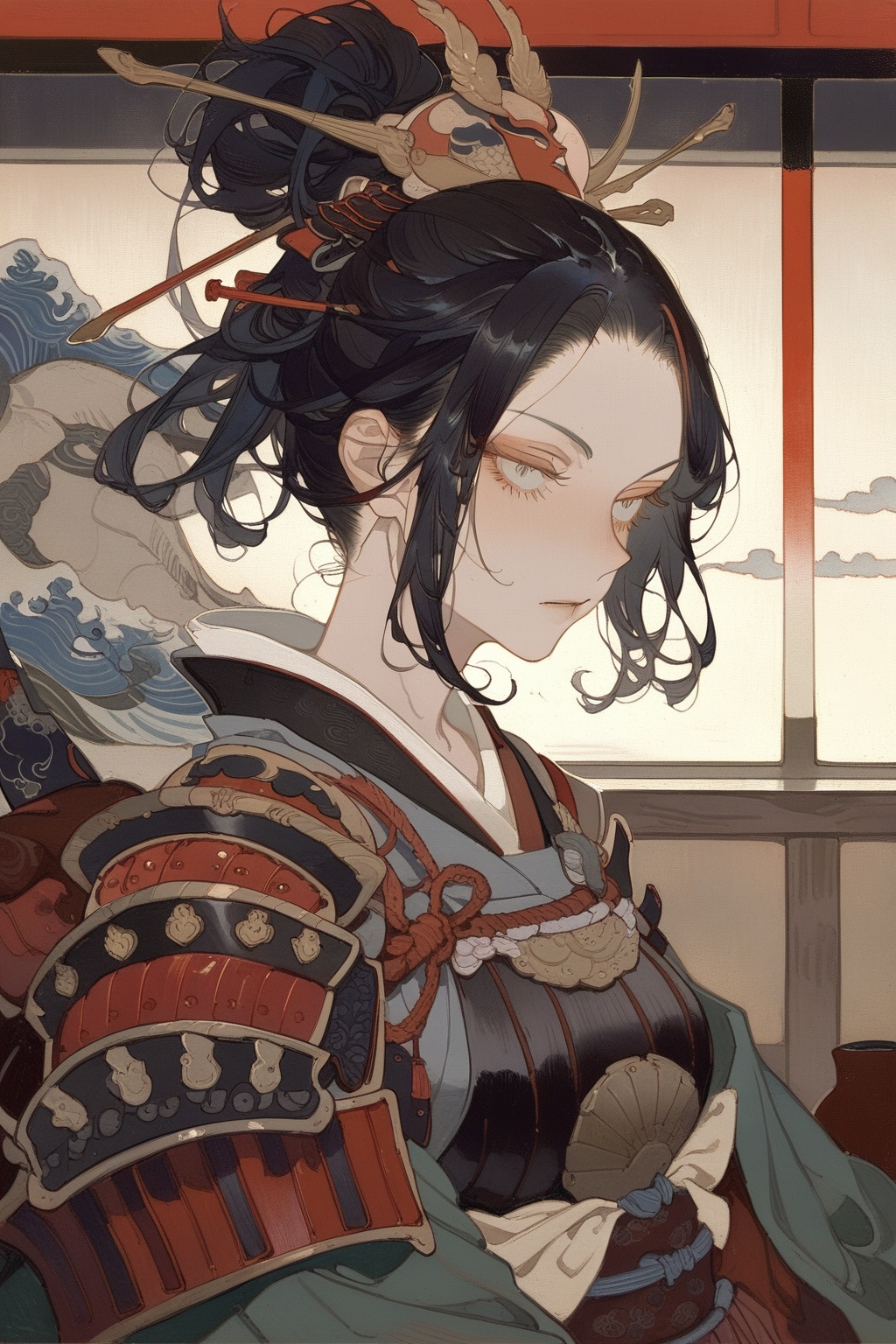 warrior, 1girl, upper body, japanese armor, hair stick, japanese room, indoors,  
masterpiece, best quality, aesthetic, ukiyo-e, 