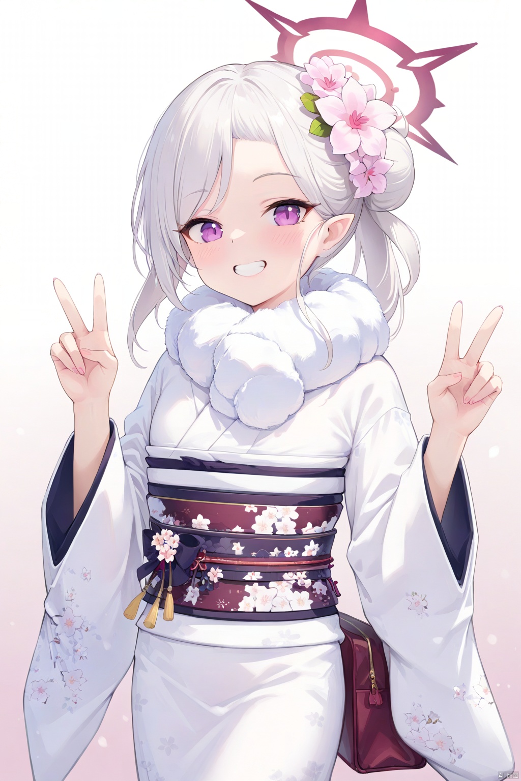  1girl,(masterpiece:1.3),( beautiful:1.2),(high quality:1.2),(finely detailed:1.2),extremely detailed CG unity 8k wallpaper,best quality,a very delicate and beautiful,perfect fingers,(one cute girl at the center:1.2),
mustukiBA,long hair,hair ornament, purple eyes,white hair,white hair,halo,mutsuki \(blue archive\),bangs,pointyears,
long sleeves, holding, flower, japanese clothes, hair flower, wide sleeves, kimono, bag, hair bun, grin, sash, v, obi, floral print, pink flower, fur collar, white kimono,holding bag,mustukiKimono,
