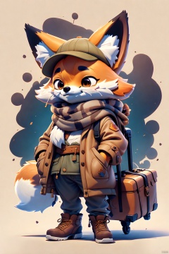 a drawing of a fox wearing a hat and coat with a suitcase in his hand and a scarf around his neck, white background, character design, Cliff Childs, furry art, lineart<lora:EMS-267958-EMS:0.800000>