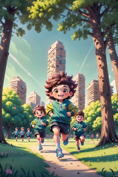 Two children, a man and a woman, were running and playing in the park. The children were wearing sportswear and sneakers, with happy expressions. There were woods in the background, and high-rise buildings were behind the woods, Flat Illustration, Gradient llustration<lora:EMS-267958-EMS:0.800000>