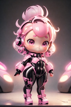 Masterpiece, Best Quality, 8K, Cinematic Light, Ultra High Resolution, Chibi, 1girl, Pink Short Hair, Punk, Pink Eyes, Alice, (Nikke), Pink Bodysuit, Shiny Clothes, Latex Body Tights