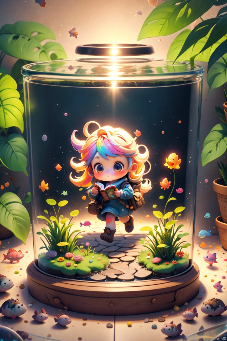A cartoon girl child holds a book and run forward to the refrigerator. Inside the refrigerator is a miniature aquarium, using space concept art style, C4d, side lighting, wood lighting, dynamic, using voxe art style, bright and dreamy Scenes, puzzle works, miniature and small paintings, colorful landscapes, **** of glass<lora:EMS-267958-EMS:0.800000>