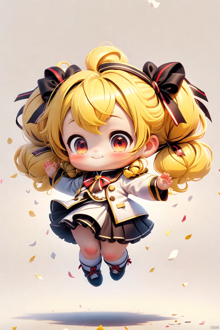 best quality,masterpiece,cute:1.2,yellow hair,red eyes,twintails,white cheer girl's uniform,black ribbon,bangs,solo welcome pose, happy,celebrate,stretching hands,raise hands,say hello,(((jump up))),dynamic angle,white background, ((poakl))<lora:EMS-267958-EMS:0.800000>