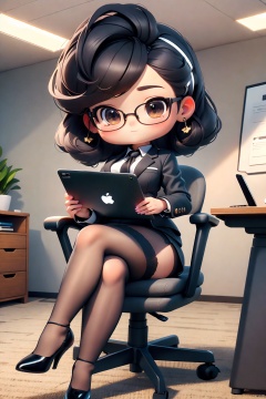 masterpiece,best quality,8K,official art,ultra high res,owo style,chibi,1girl,A sexy female secretary sitting on the ground,wearing a mini skirt,black stockings,and high heels. Confident posture,crossed legs,alluring expression,sleek and professional hairstyle,modern office setting,laptop or tablet in hand,stylish accessories,fashionable attire,contemporary office environment,seductive charm<lora:EMS-267958-EMS:0.800000>