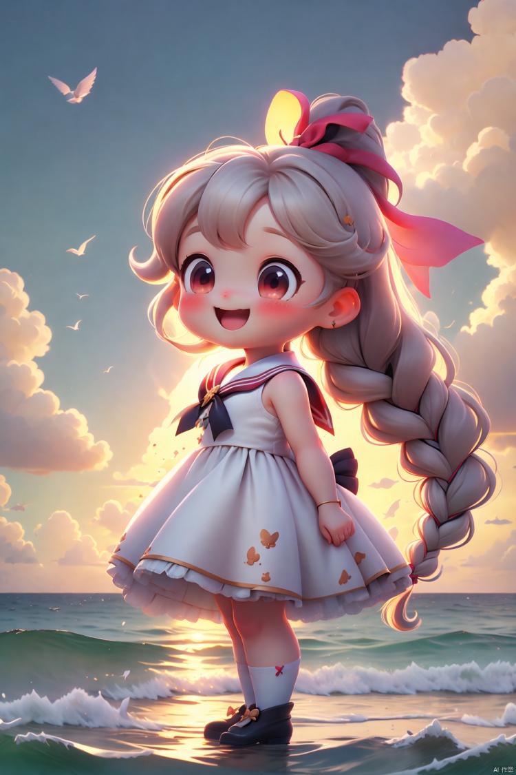 best quality, amazing quality, very aesthetic,petite,dress, sailor_dress, solo, sleeveless_dress, red_eyes, 1girl, white_dress, bow, sleeveless, white_sailor_collar, outdoors, sailor_collar, sunset, black_bow, braid, bare_shoulders, profile, bangs, hair_bow, sky, bird, long_hair, horizon, looking_away, ocean, open_mouth, bare_arms, blush, :d, smile, cloud, plaid, animal, water, plaid_bow