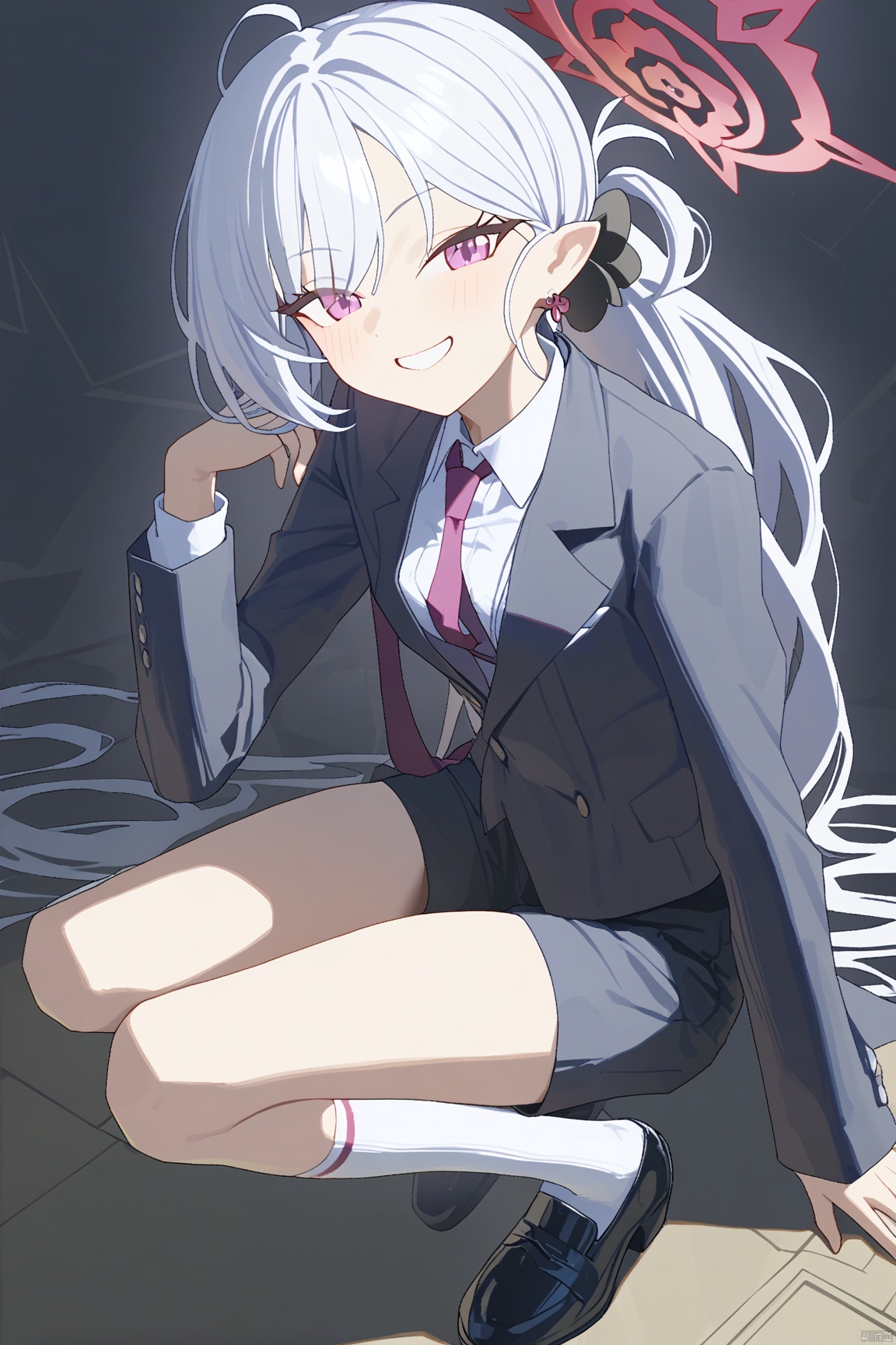  1girl,(masterpiece:1.3),( beautiful:1.2),(high quality:1.2),(finely detailed:1.2),extremely detailed CG unity 8k wallpaper,best quality,a very delicate and beautiful,perfect fingers,(one cute girl at the center:1.2),ningen mame,
mustukiBA,long hair,hair ornament, purple eyes,white hair,white hair,halo,mutsuki \(blue archive\),bangs,pointyears,
shirt, long sleeves, jacket, white shirt, ponytail,necktie, shoes, shorts, socks, collared shirt, pink eyes, black footwear, grin, black jacket, kneehighs, black shorts, formal, scrunchie, suit, white socks, red necktie, hair scrunchie, black scrunchie, mustukiSuit,