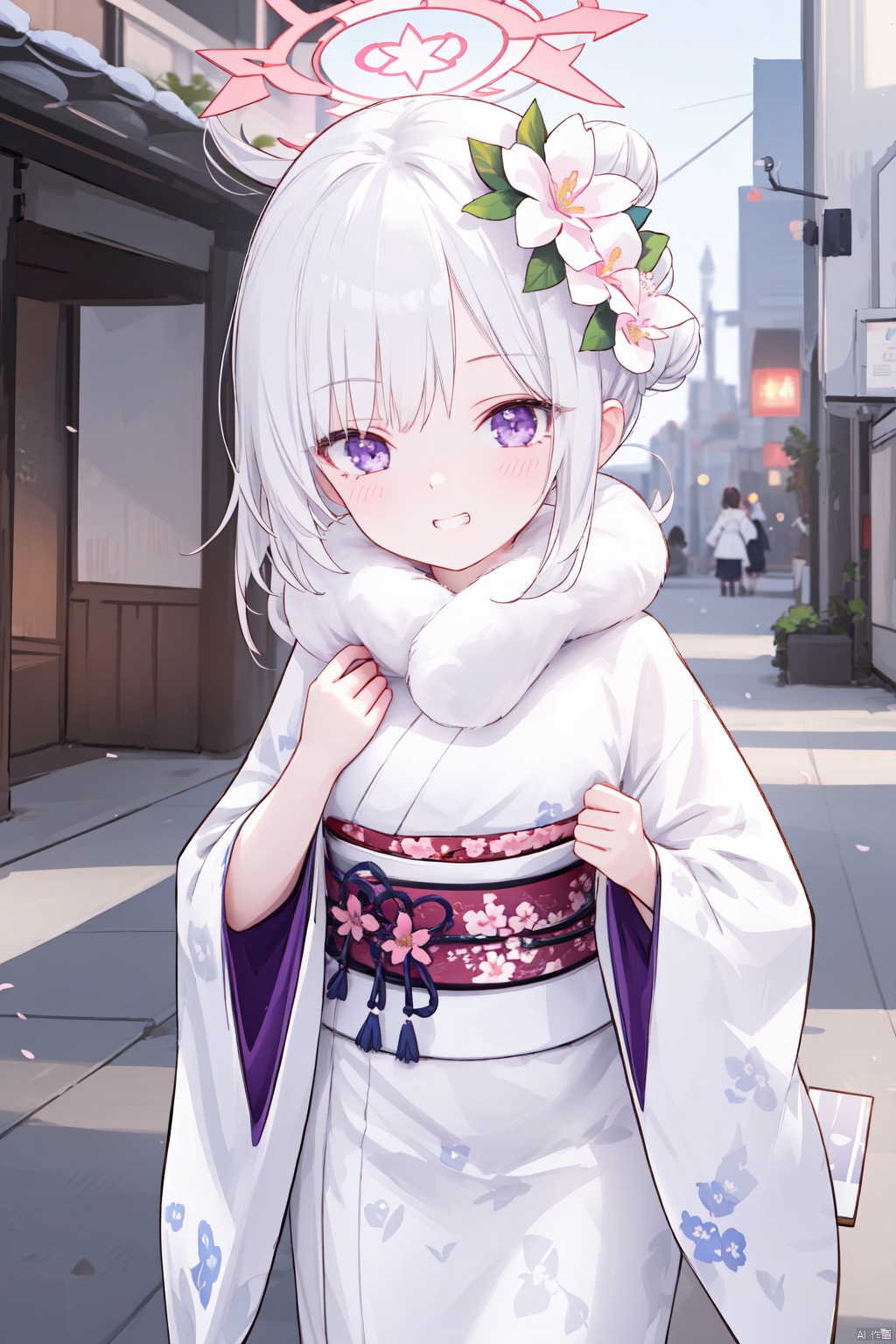  1girl,(masterpiece:1.3),( beautiful:1.2),(high quality:1.2),(finely detailed:1.2),extremely detailed CG unity 8k wallpaper,best quality,a very delicate and beautiful,perfect fingers,(one cute girl at the center:1.2),
mustukiBA,long hair,hair ornament, purple eyes,white hair,white hair,halo,mutsuki \(blue archive\),bangs,pointyears,
long sleeves, holding, flower, japanese clothes, hair flower, wide sleeves, kimono, bag, hair bun, grin, sash, v, obi, floral print, pink flower, fur collar, white kimono,holding bag,mustukiKimono,